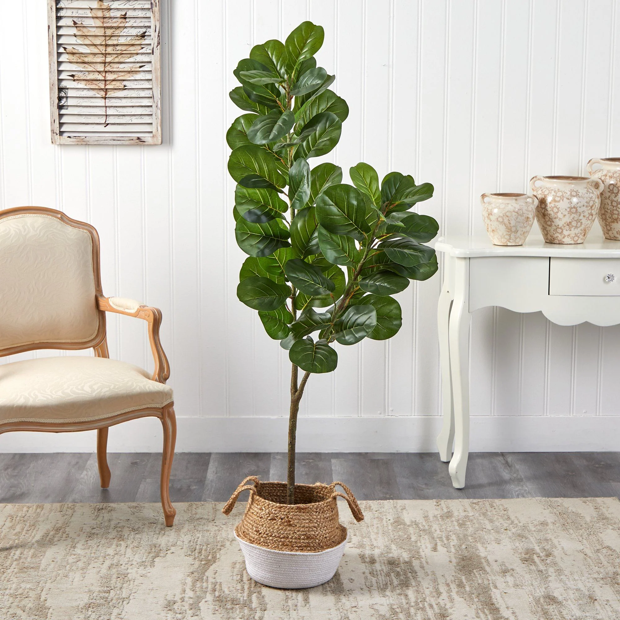 4.5’ Fiddle Leaf Fig Artificial Tree with Boho Chic Handmade Cotton & Jute White Woven Planter - Image 3