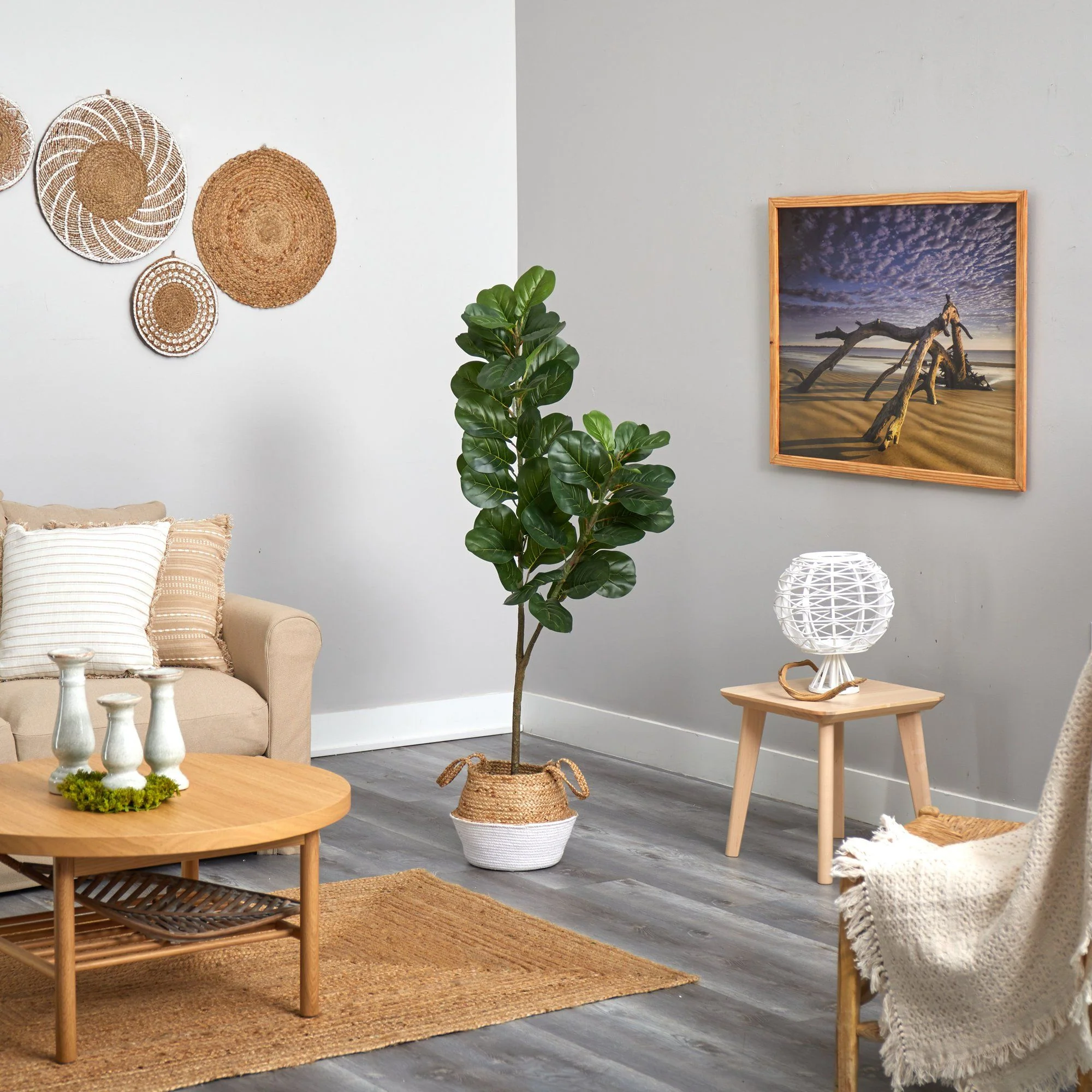 4.5’ Fiddle Leaf Fig Artificial Tree with Boho Chic Handmade Cotton & Jute White Woven Planter - Image 4