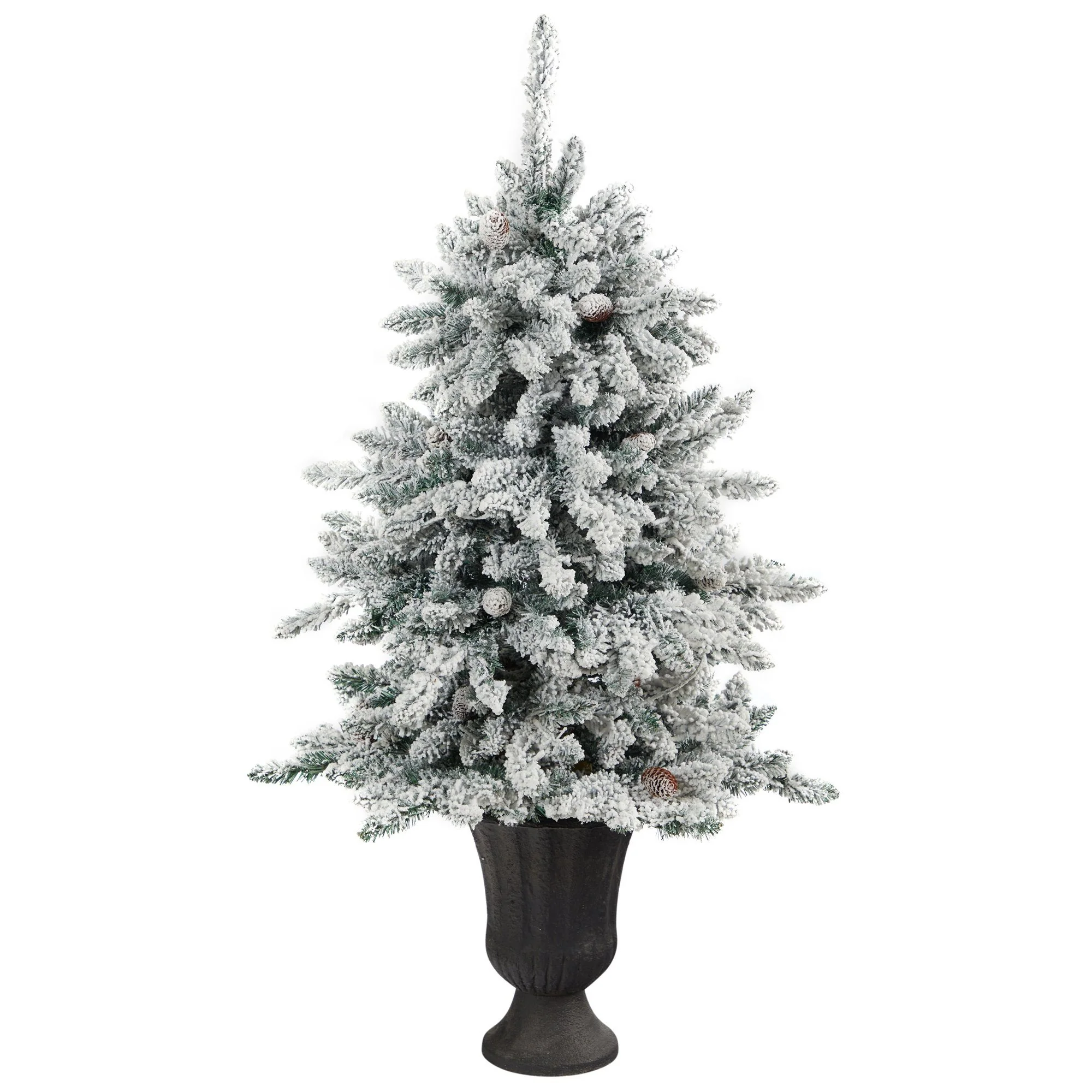 4.5’ Flocked Livingston Fir Artificial Christmas Tree with Pine Cones and 150 Clear Warm LED Lights in Charcoal Urn - Image 3