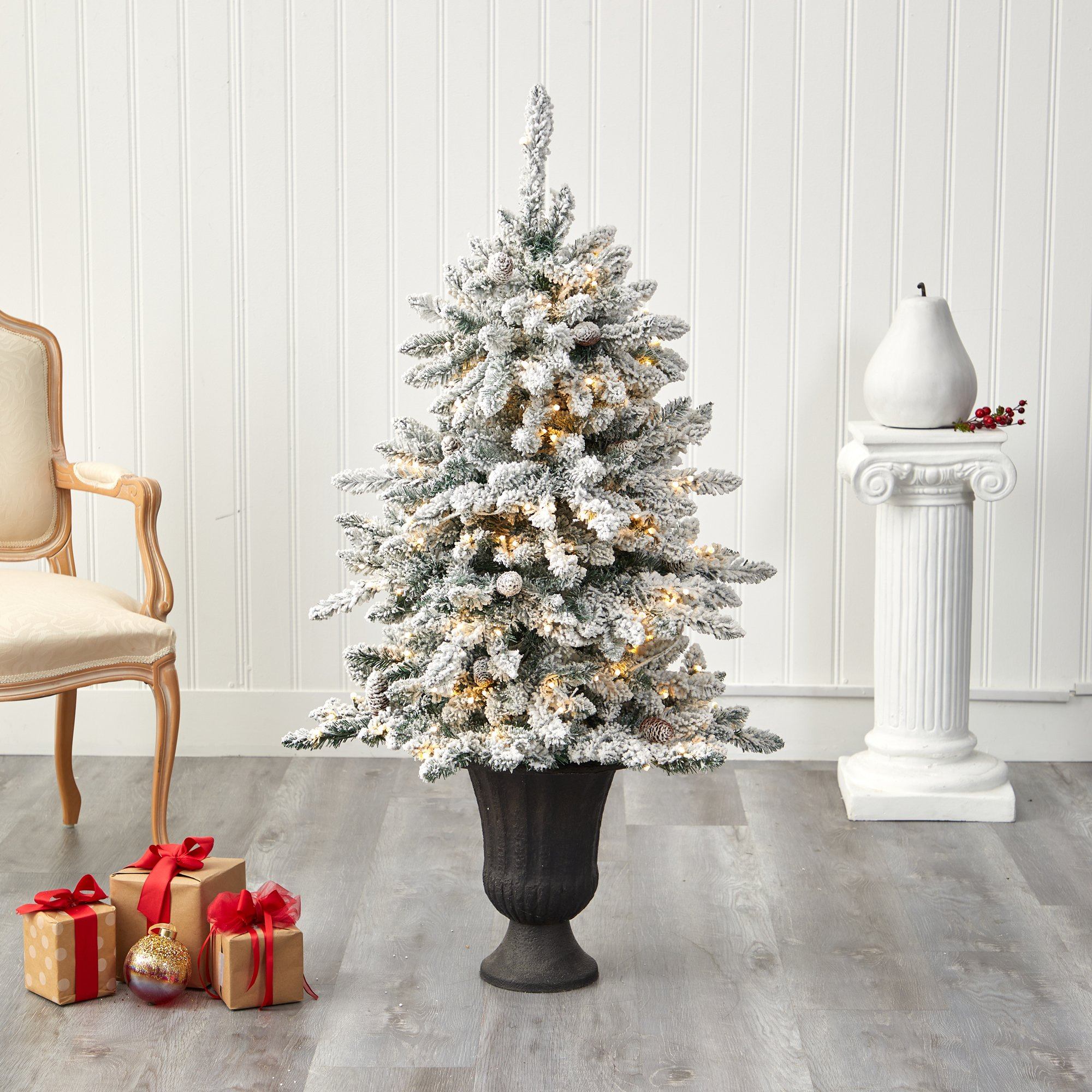 4.5’ Flocked Livingston Fir Artificial Christmas Tree with Pine Cones and 150 Clear Warm LED Lights in Charcoal Urn - Image 7