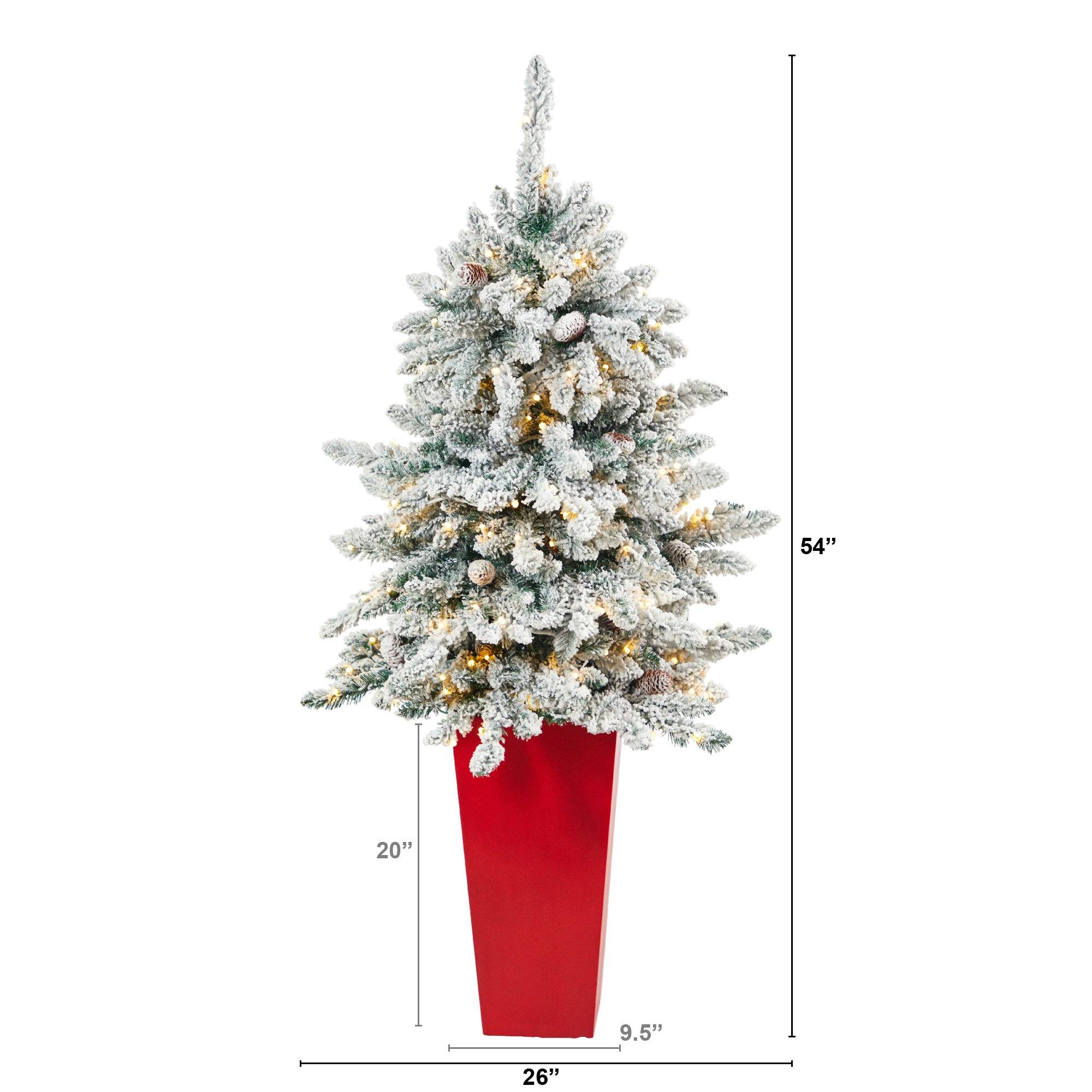 4.5’ Flocked Livingston Fir Artificial Christmas Tree with Pine Cones and 150 Clear Warm LED Lights in Tall White Planter - Image 2