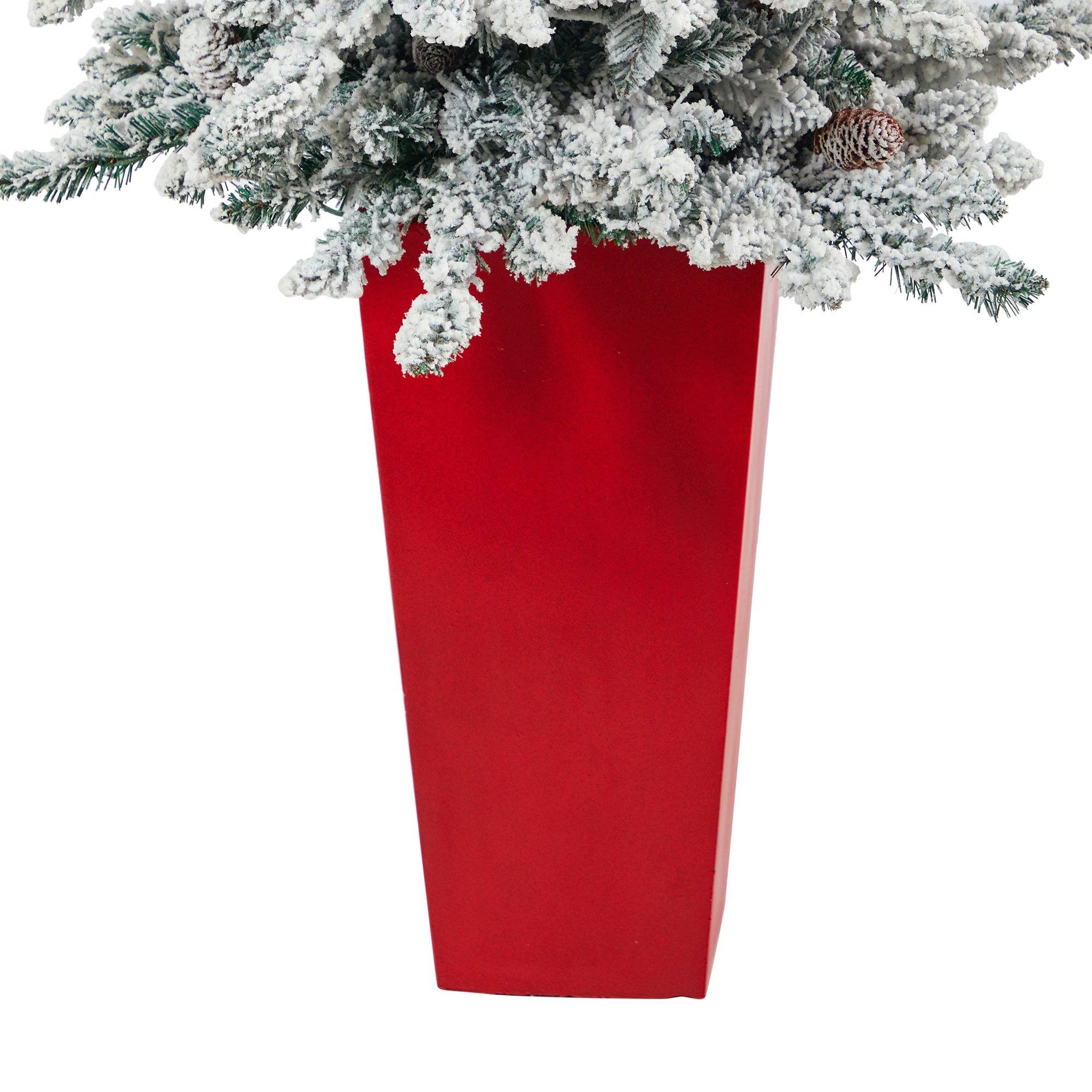 4.5’ Flocked Livingston Fir Artificial Christmas Tree with Pine Cones and 150 Clear Warm LED Lights in Tall White Planter - Image 6