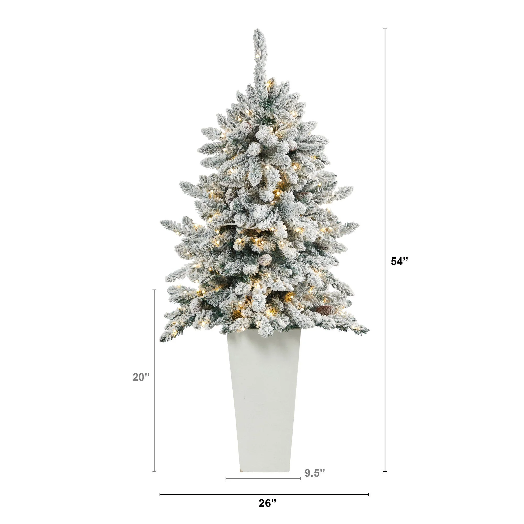 4.5’ Flocked Livingston Fir Artificial Christmas Tree with Pine Cones and 150 Clear Warm LED Lights in Tall White Planter - Image 8