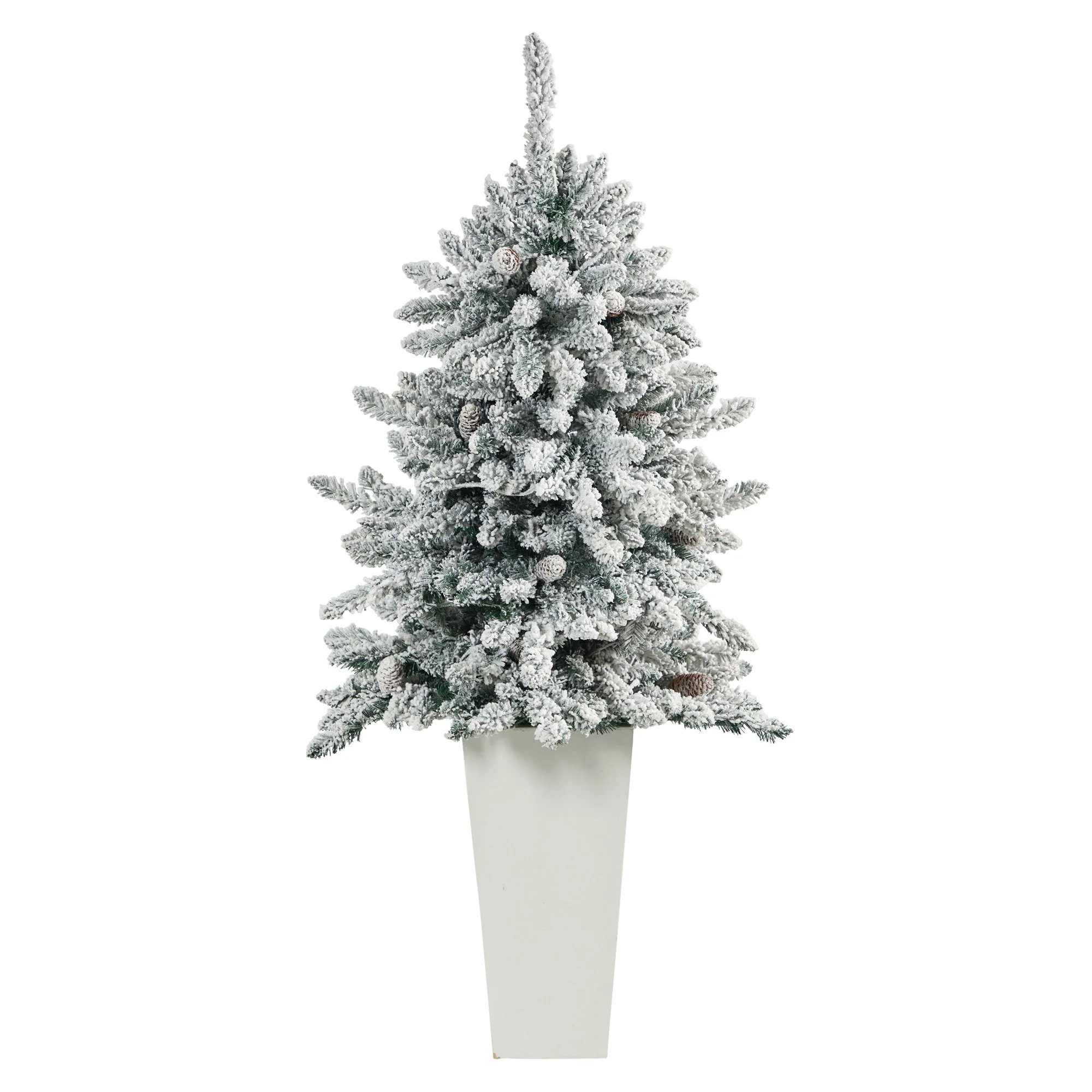 4.5’ Flocked Livingston Fir Artificial Christmas Tree with Pine Cones and 150 Clear Warm LED Lights in Tall White Planter - Image 9