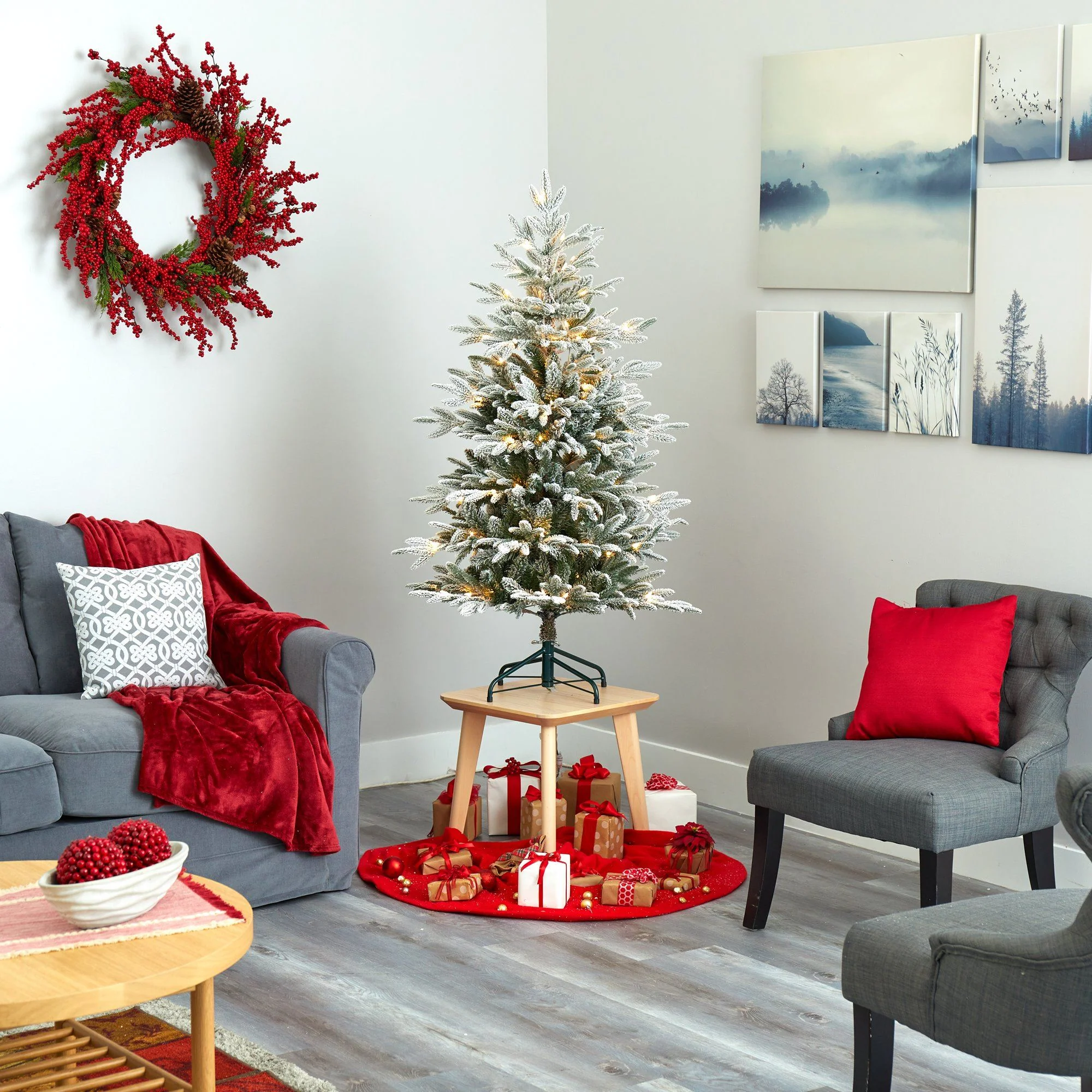 4.5’ Flocked Manchester Spruce Artificial Christmas Tree with 100 Lights and 357 Bendable Branches - Image 6