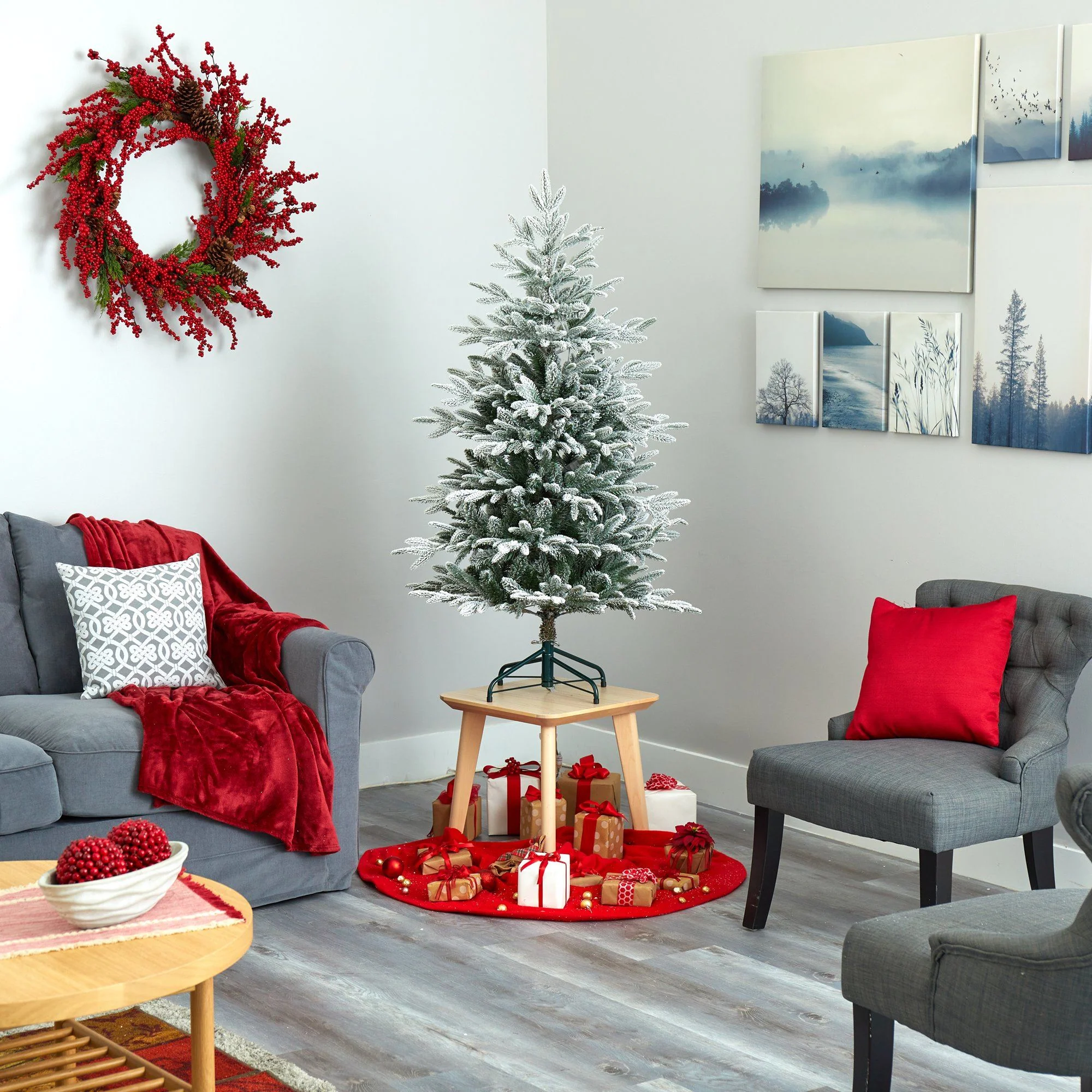 4.5’ Flocked Manchester Spruce Artificial Christmas Tree with 100 Lights and 357 Bendable Branches - Image 7