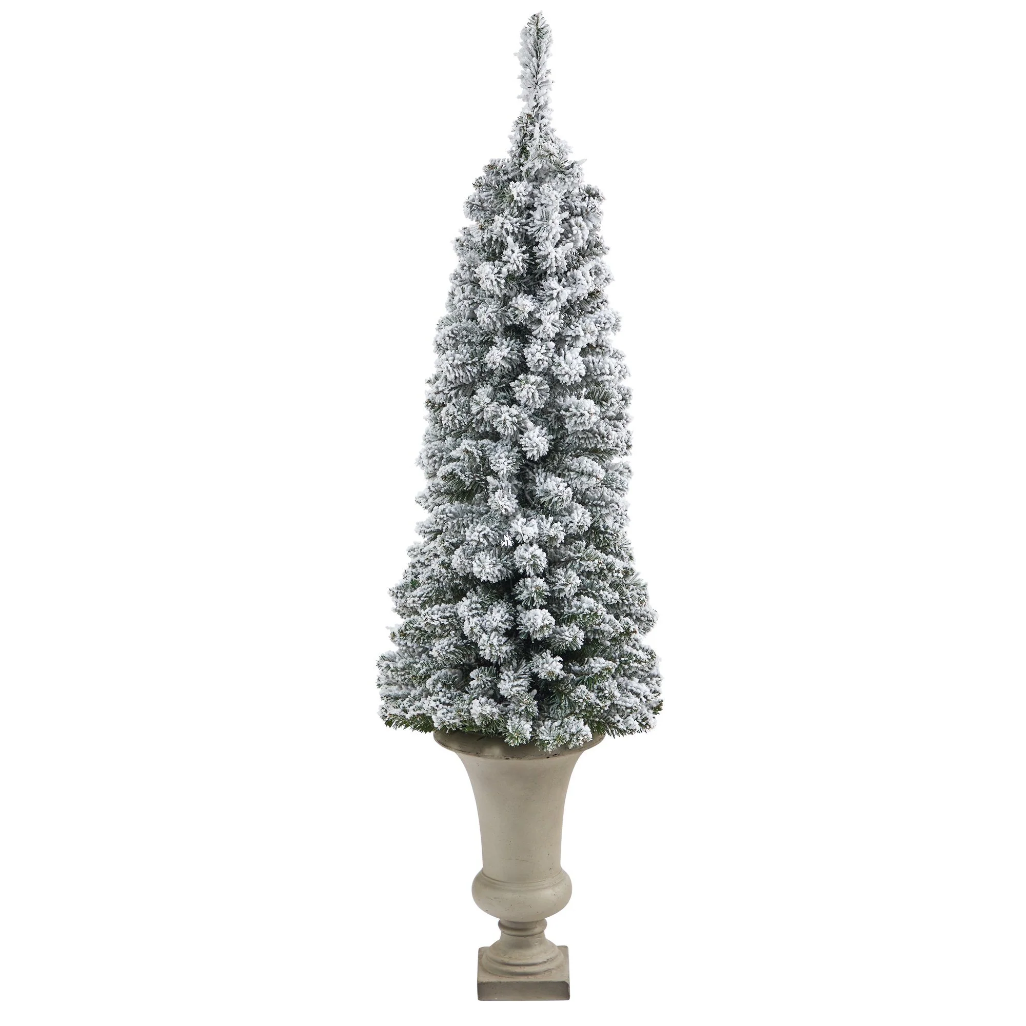 4.5’ Flocked Pencil Artificial Christmas Tree with 100 Clear Lights and 216 Bendable Branches in Sand Colored Urn - Image 3