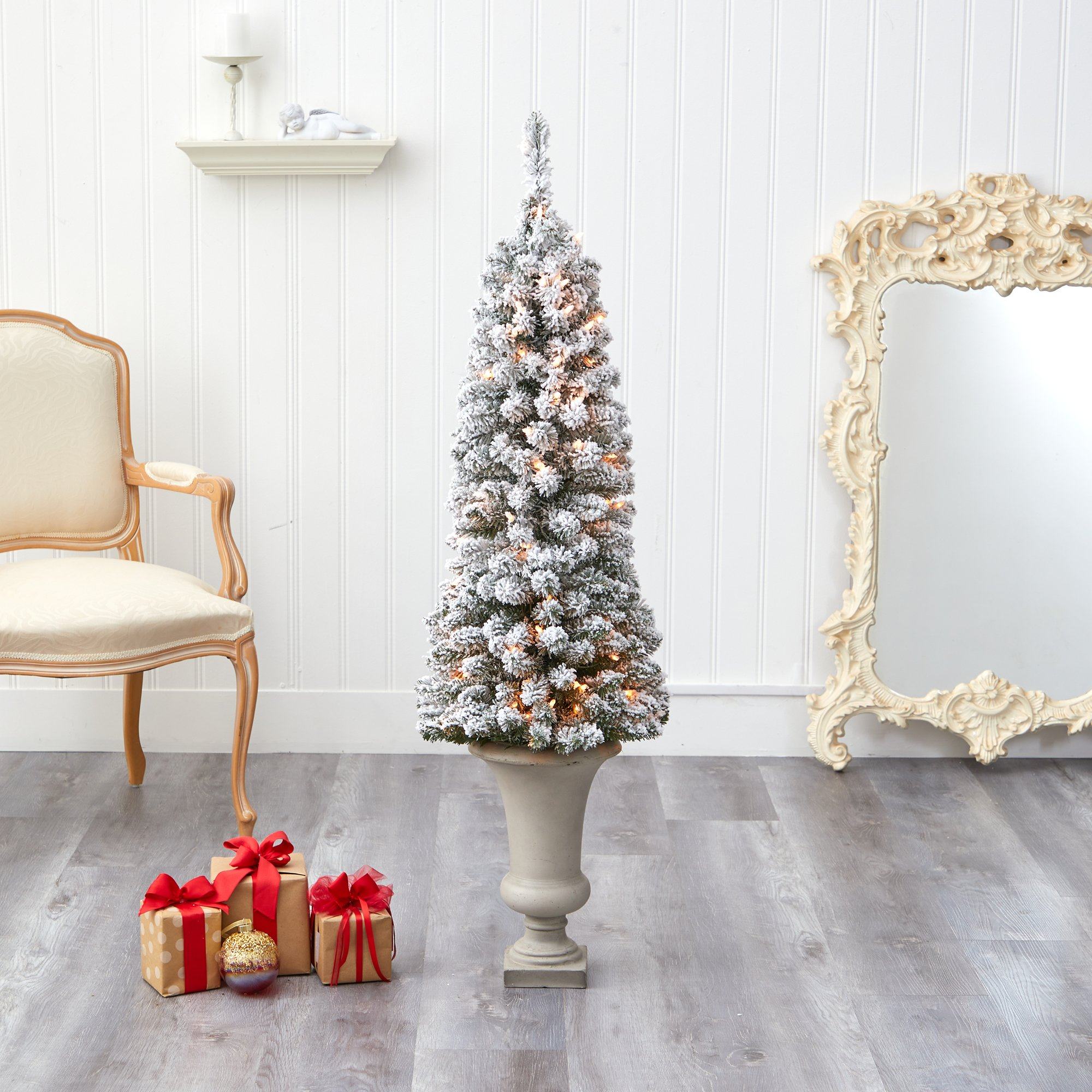 4.5’ Flocked Pencil Artificial Christmas Tree with 100 Clear Lights and 216 Bendable Branches in Sand Colored Urn - Image 7