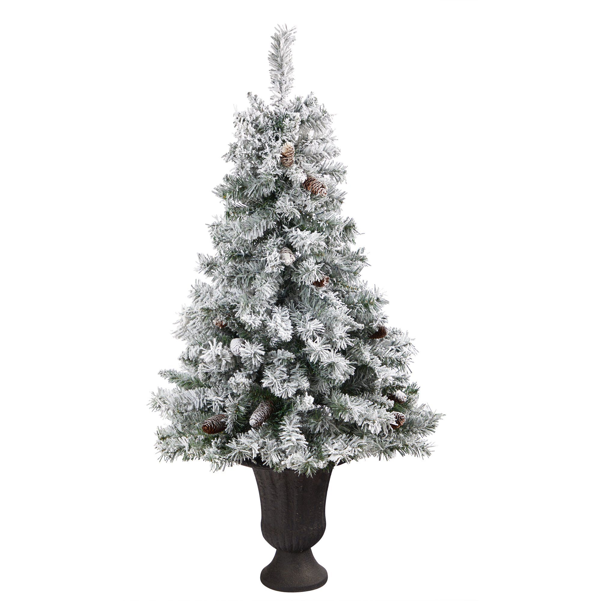 4.5' Flocked White River Mountain Pine Artificial Christmas Tree with Pinecones and 100 Clear LED Lights in Charcoal Urn - Image 3