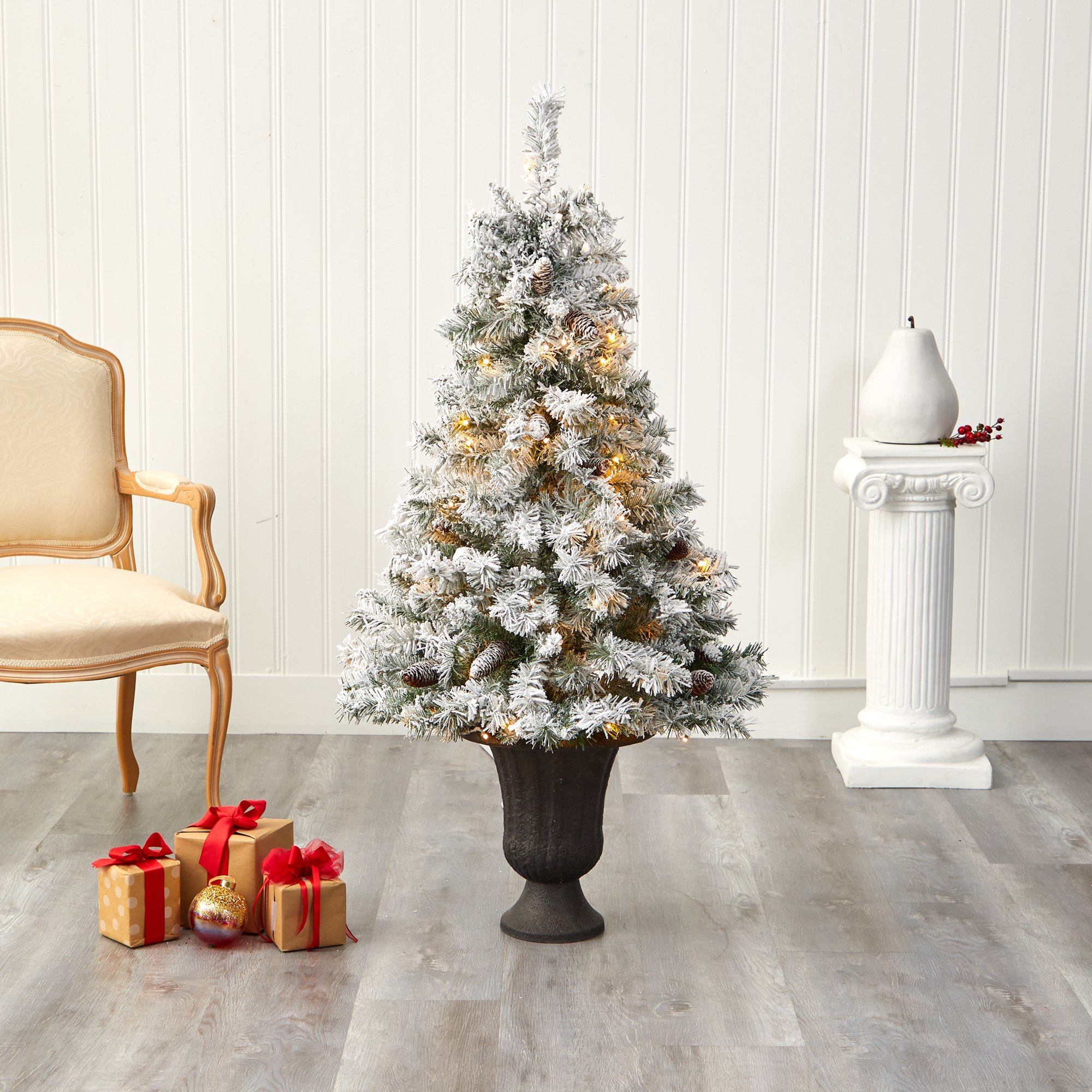 4.5' Flocked White River Mountain Pine Artificial Christmas Tree with Pinecones and 100 Clear LED Lights in Charcoal Urn - Image 7