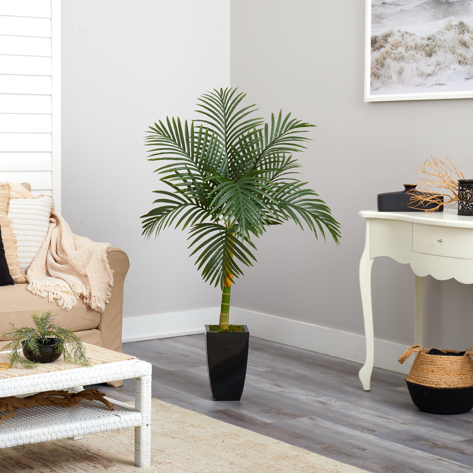 4.5’ Golden Cane Artificial Palm Tree in Black Metal Planter - Image 3