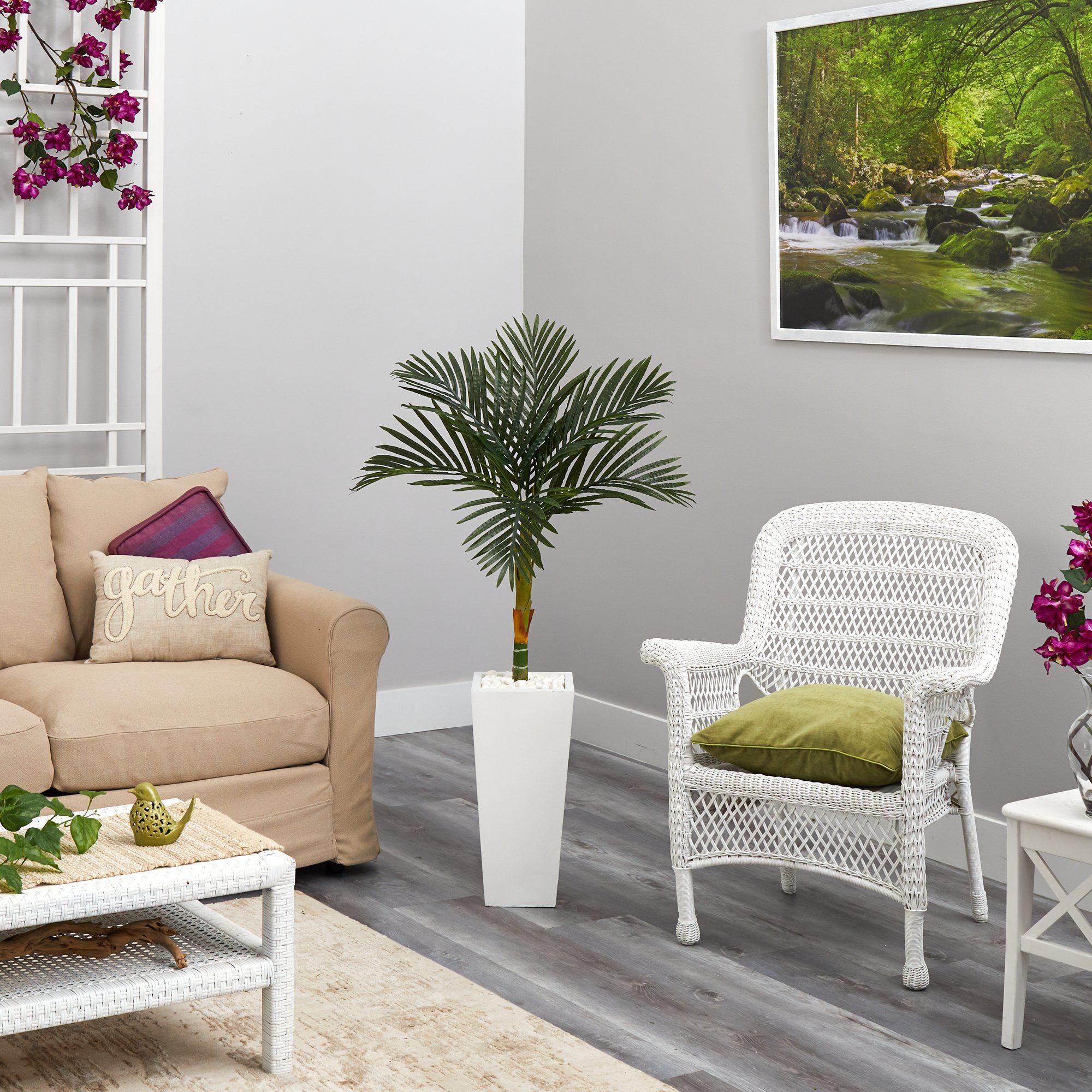 4.5’ Golden Cane Artificial Palm Tree in Tall White Planter - Image 4