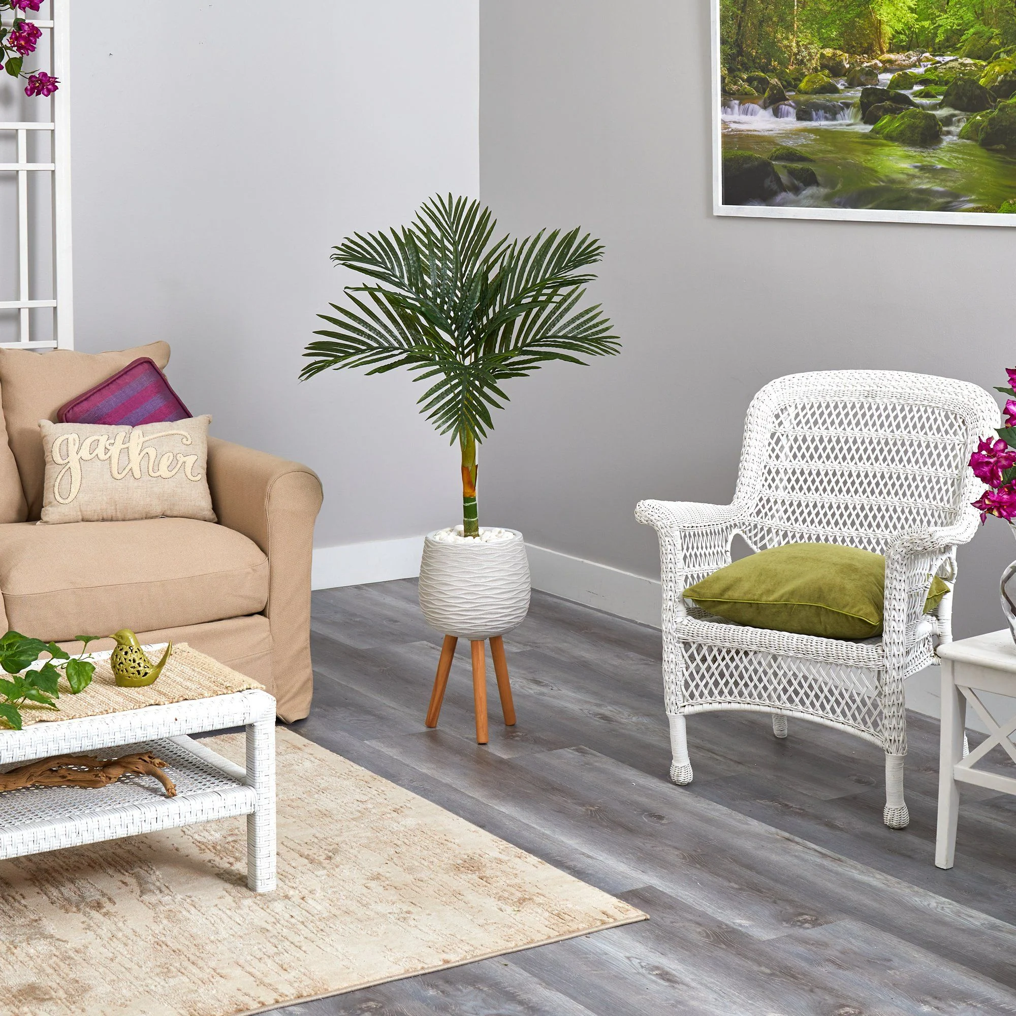 4.5’ Golden Cane Artificial Palm Tree in White Planter with Stand - Image 4