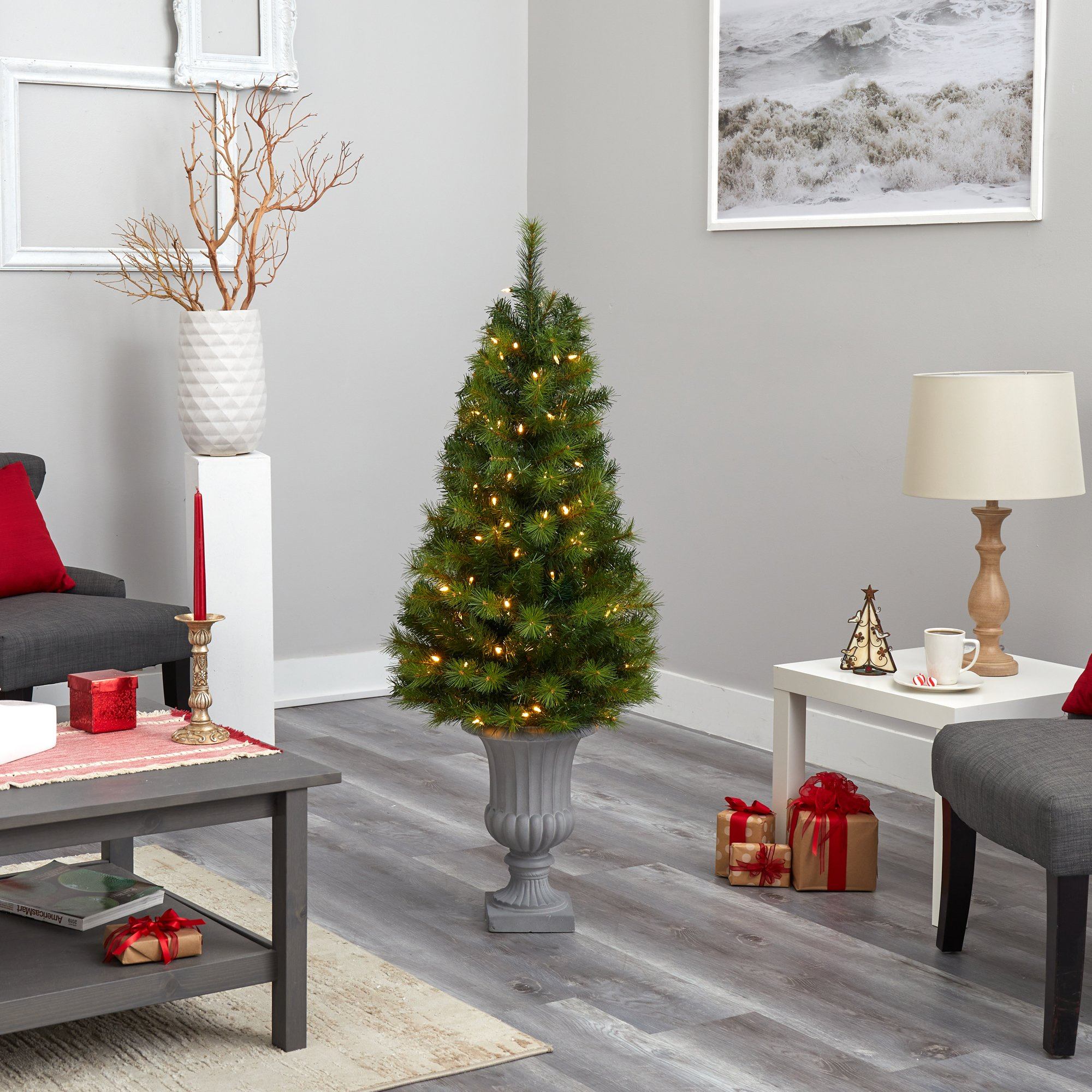 4.5’ Green Valley Pine Artificial Christmas Tree with 100 Warm White LED Lights and 201 Bendable Branches in Decorative Urn - Image 8