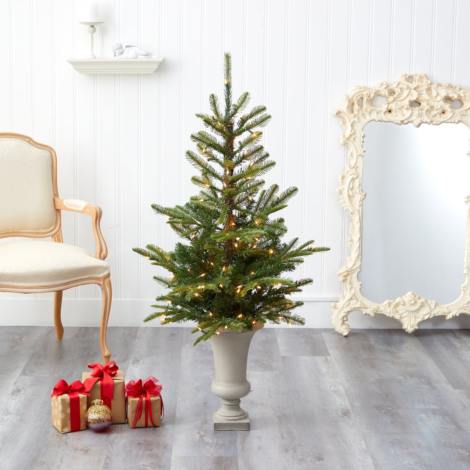 4.5’ Layered Washington Spruce Artificial Christmas Tree with 100 Clear LED Lights and 189 Bendable Branches in Sand Colored Urn - Image 7