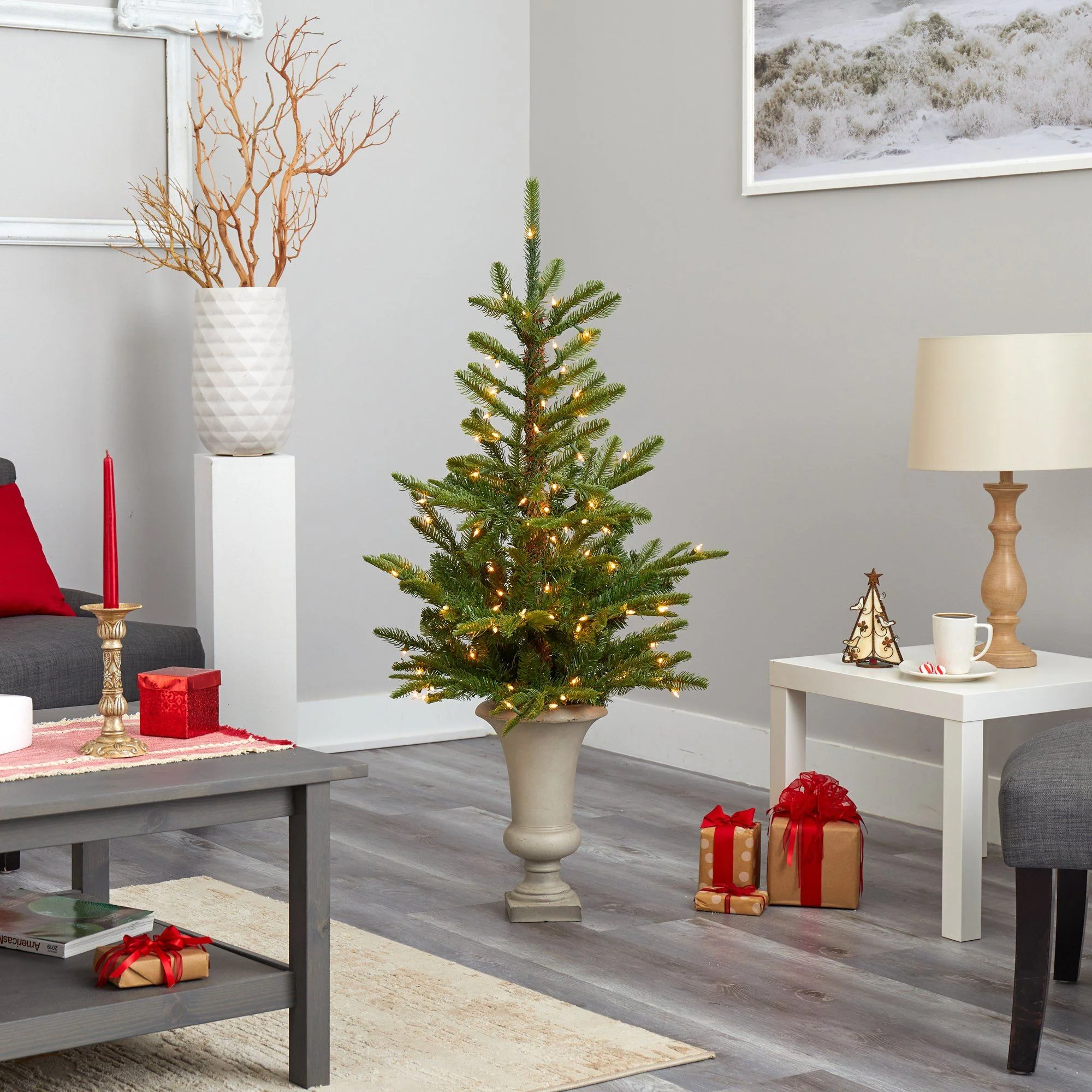 4.5’ Layered Washington Spruce Artificial Christmas Tree with 100 Clear LED Lights and 189 Bendable Branches in Sand Colored Urn - Image 8