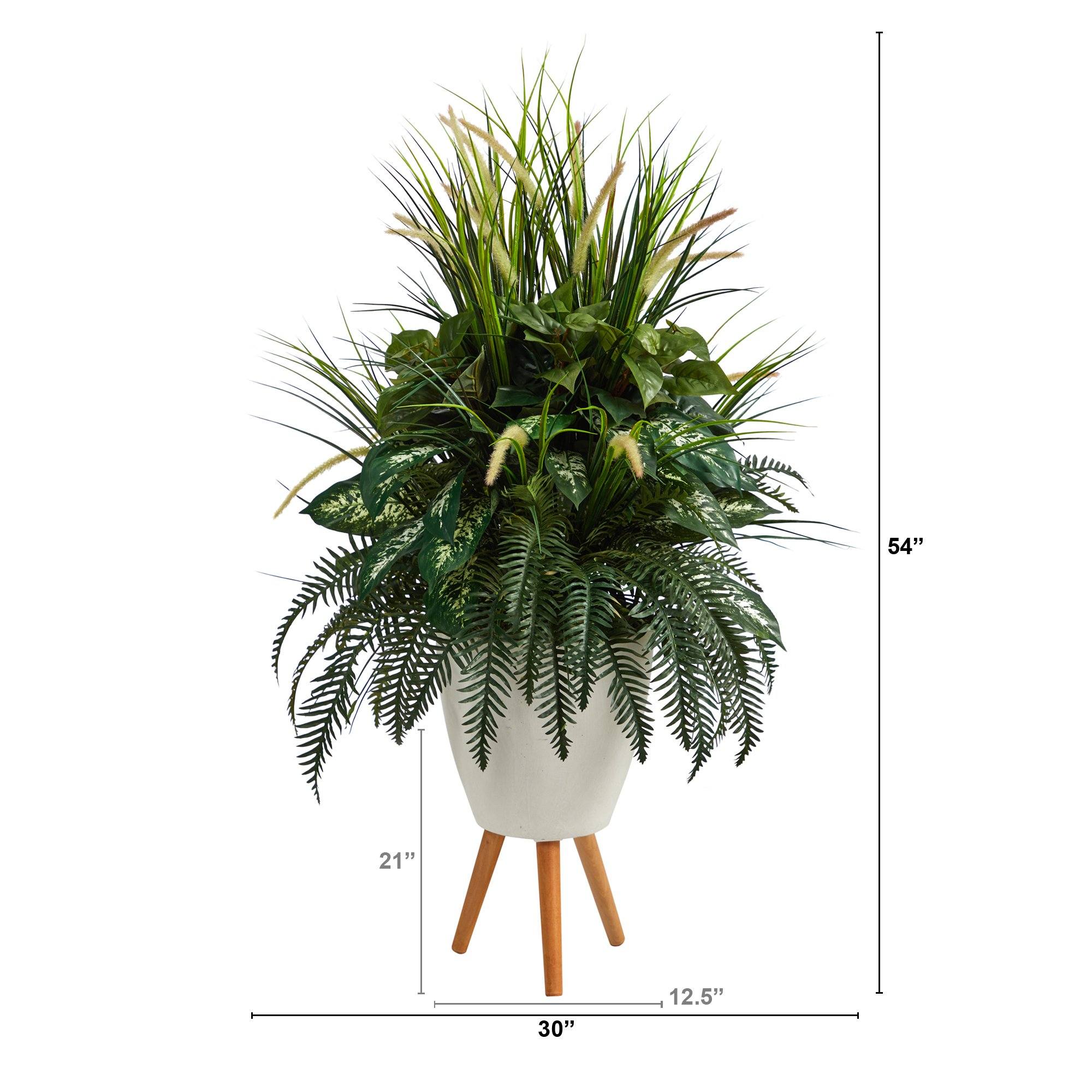 4.5’ Mixed Greens Artificial Plant in White Planter with Legs - Image 2