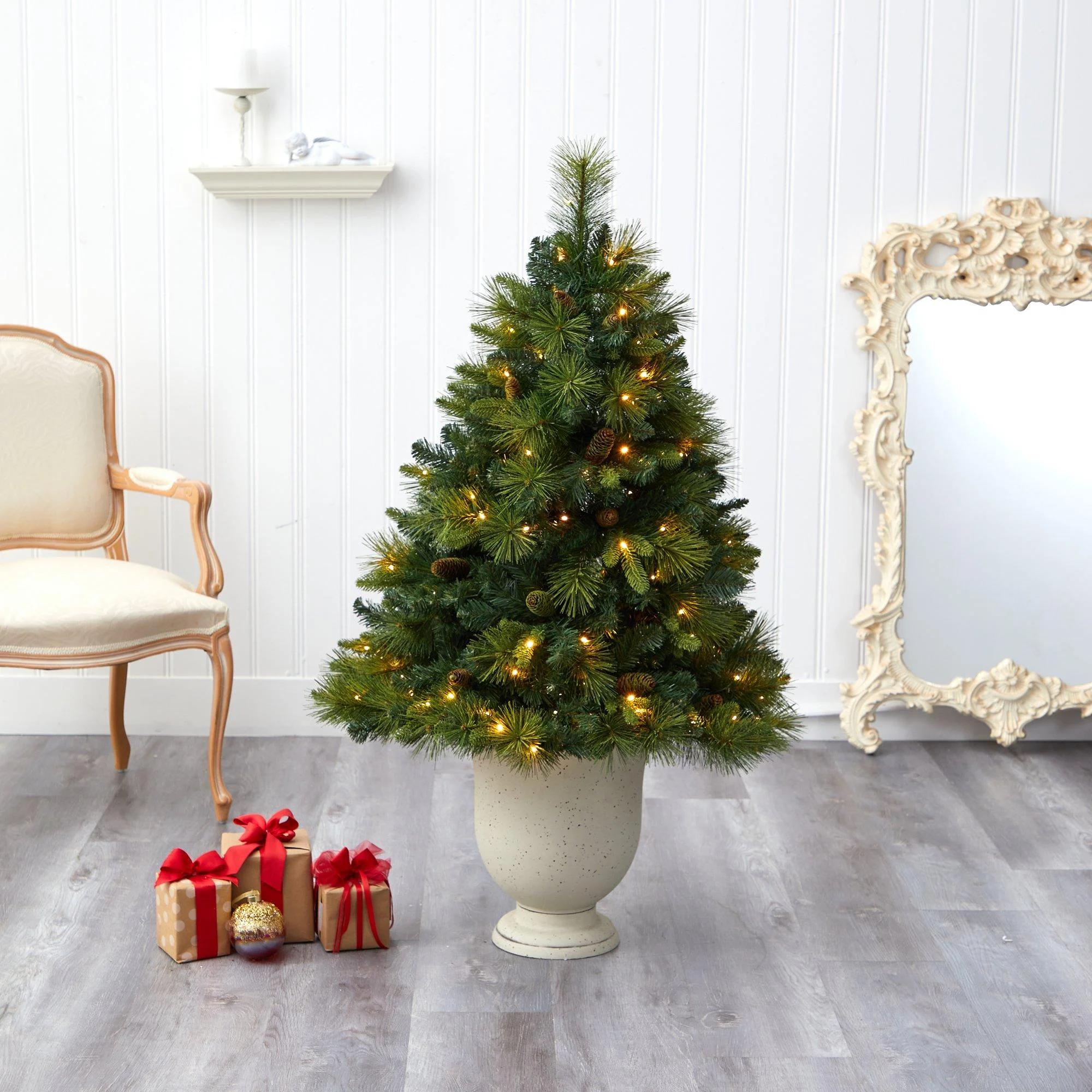 4.5’ North Carolina Mixed Pine Artificial Christmas Tree with 130 Warm White LED Lights, 459 Bendable Branches and Pinecones in Decorative Urn - Image 7