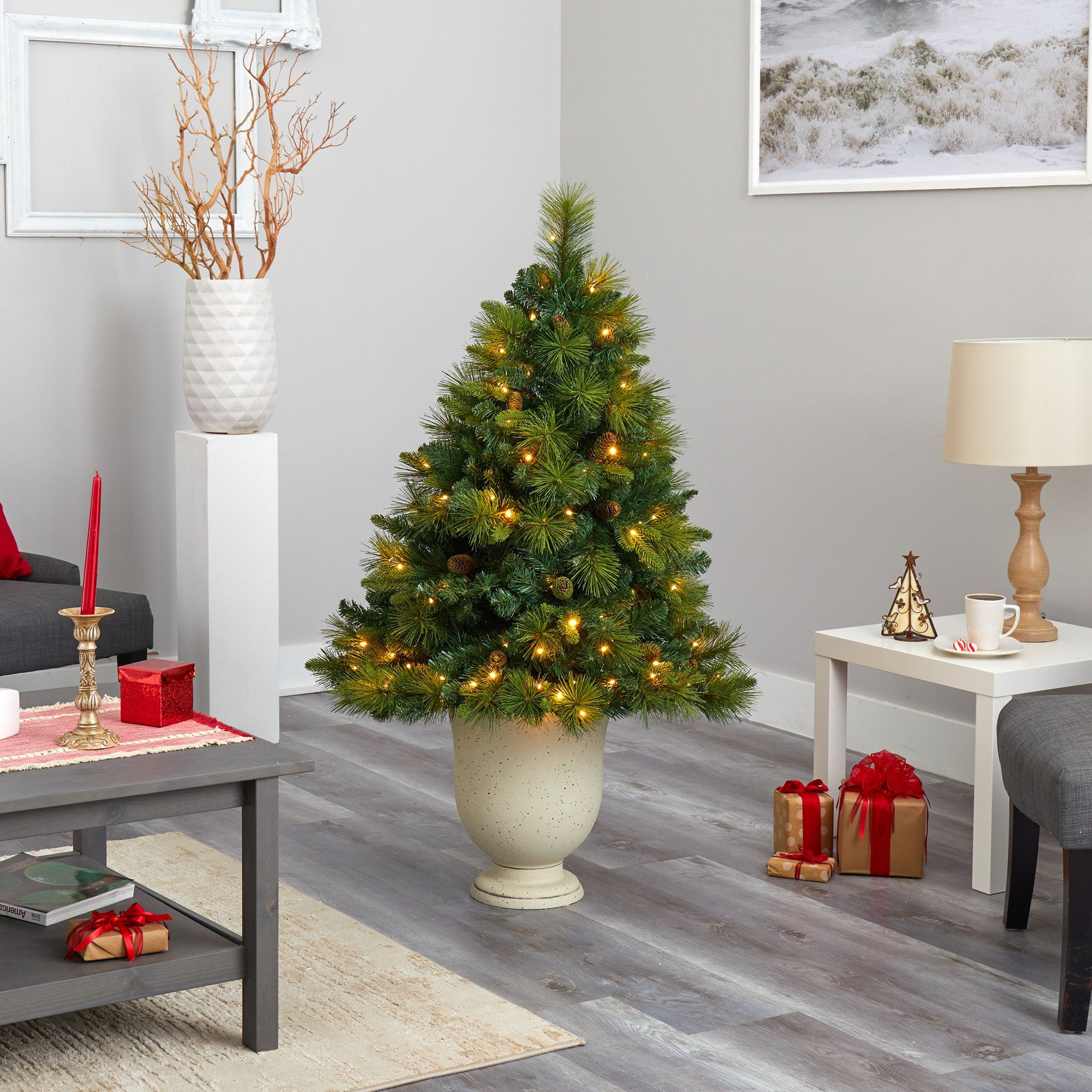 4.5’ North Carolina Mixed Pine Artificial Christmas Tree with 130 Warm White LED Lights, 459 Bendable Branches and Pinecones in Decorative Urn - Image 8
