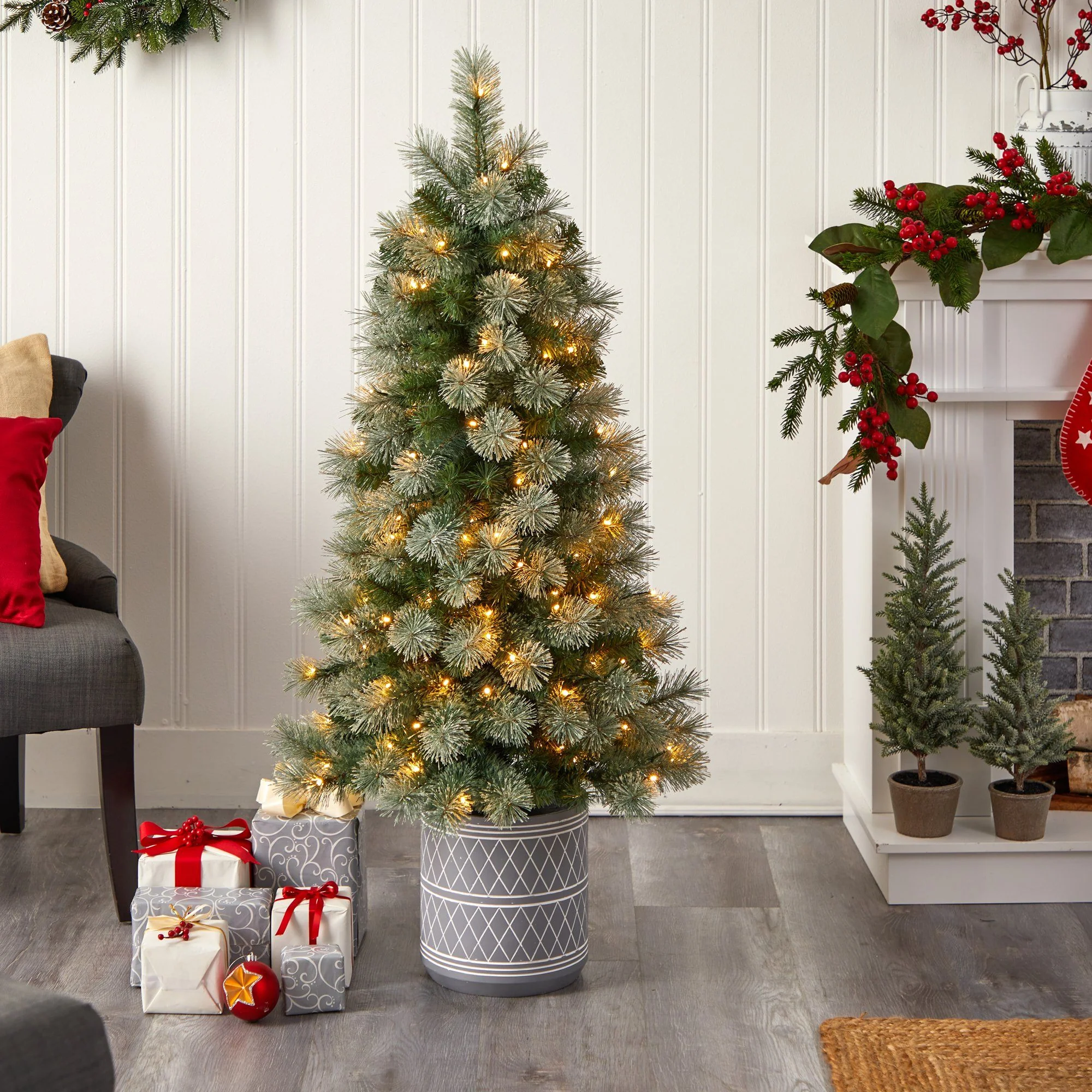 4.5’ Nova Scotia Artificial Christmas Tree in Engraved Geometric Stone Planter - Image 7