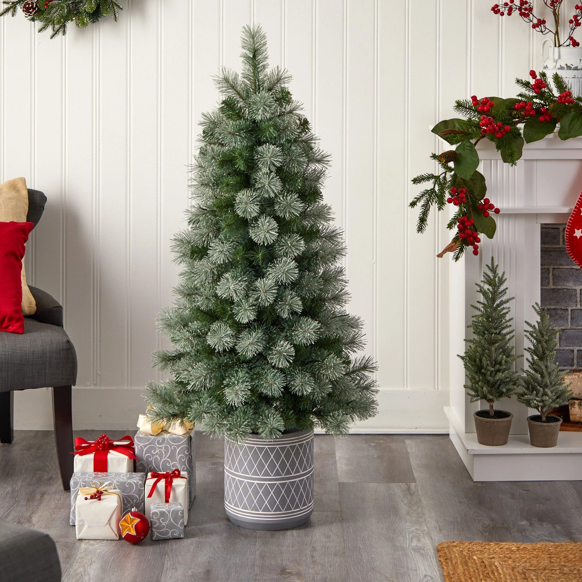 4.5’ Nova Scotia Artificial Christmas Tree in Engraved Geometric Stone Planter - Image 8