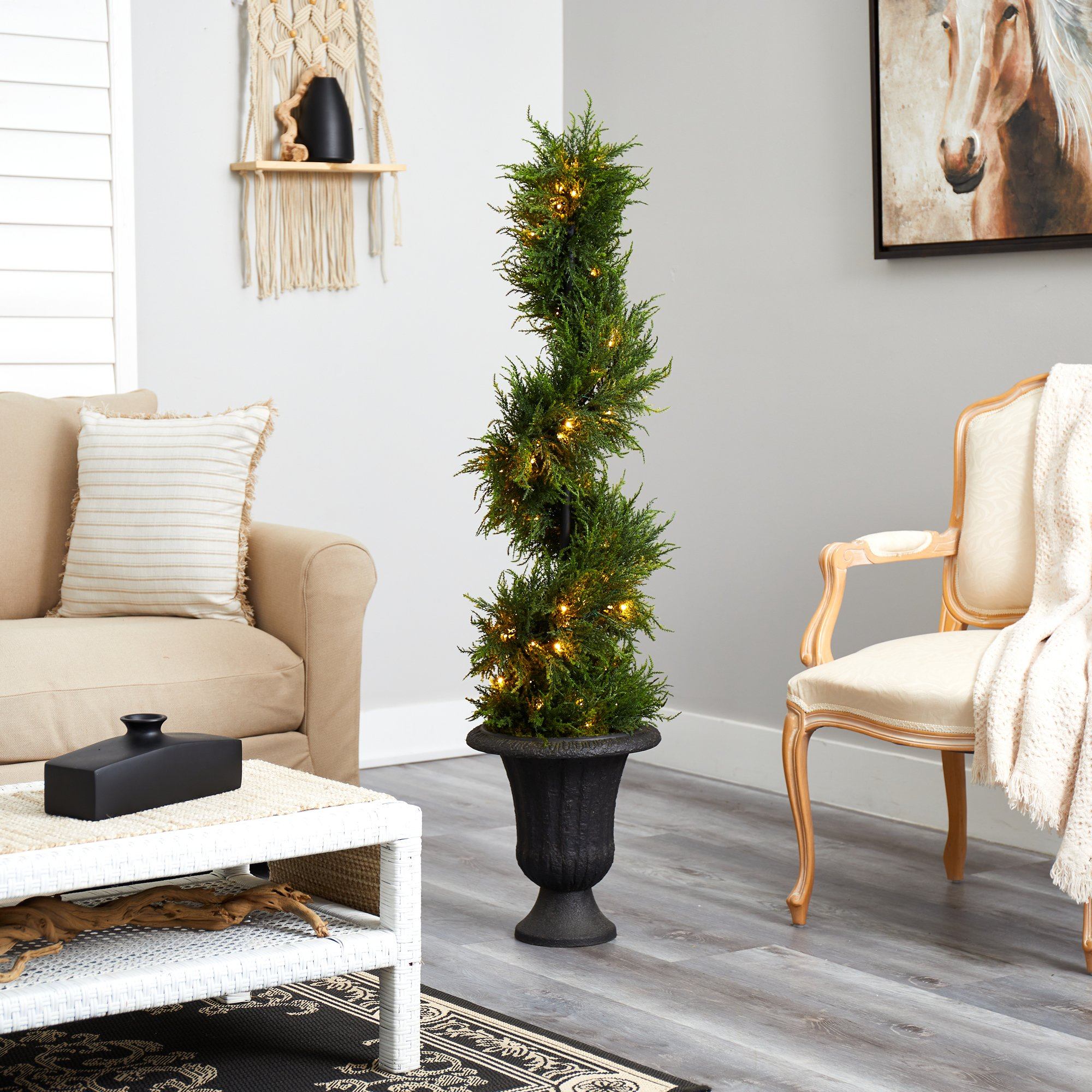 4.5’ Spiral Cypress Artificial Tree in Charcoal Urn with 80 Clear LED Lights UV Resistant (Indoor/Outdoor) - Image 6