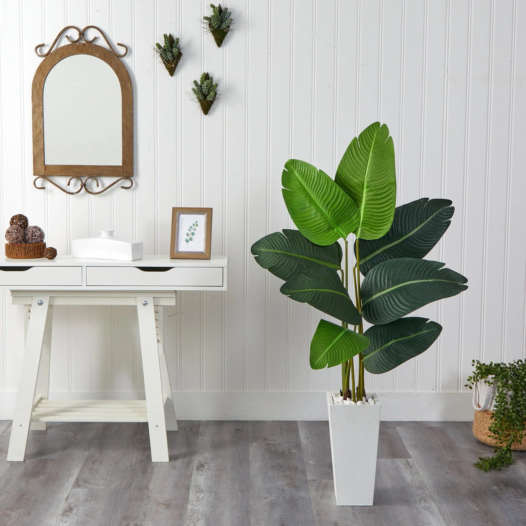 4.5’ Travelers Palm Artificial Tree in White Planter - Image 3