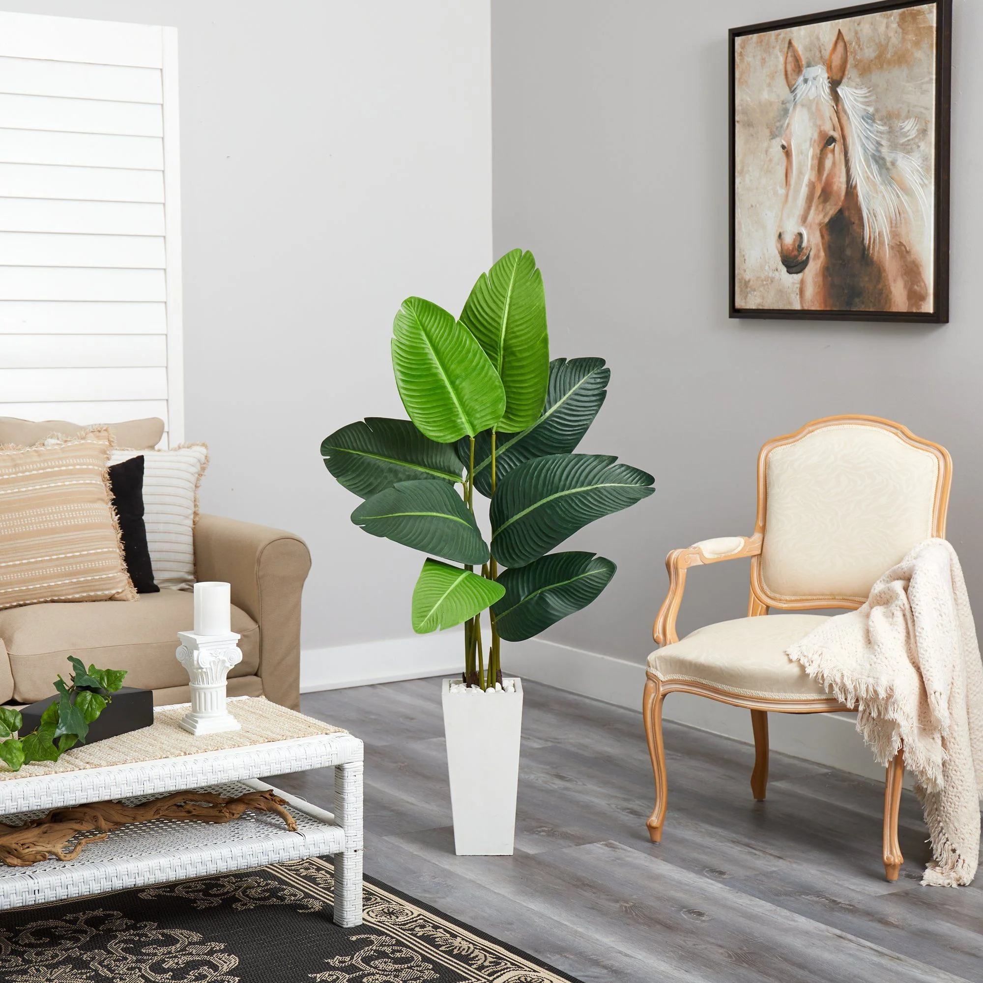 4.5’ Travelers Palm Artificial Tree in White Planter - Image 4