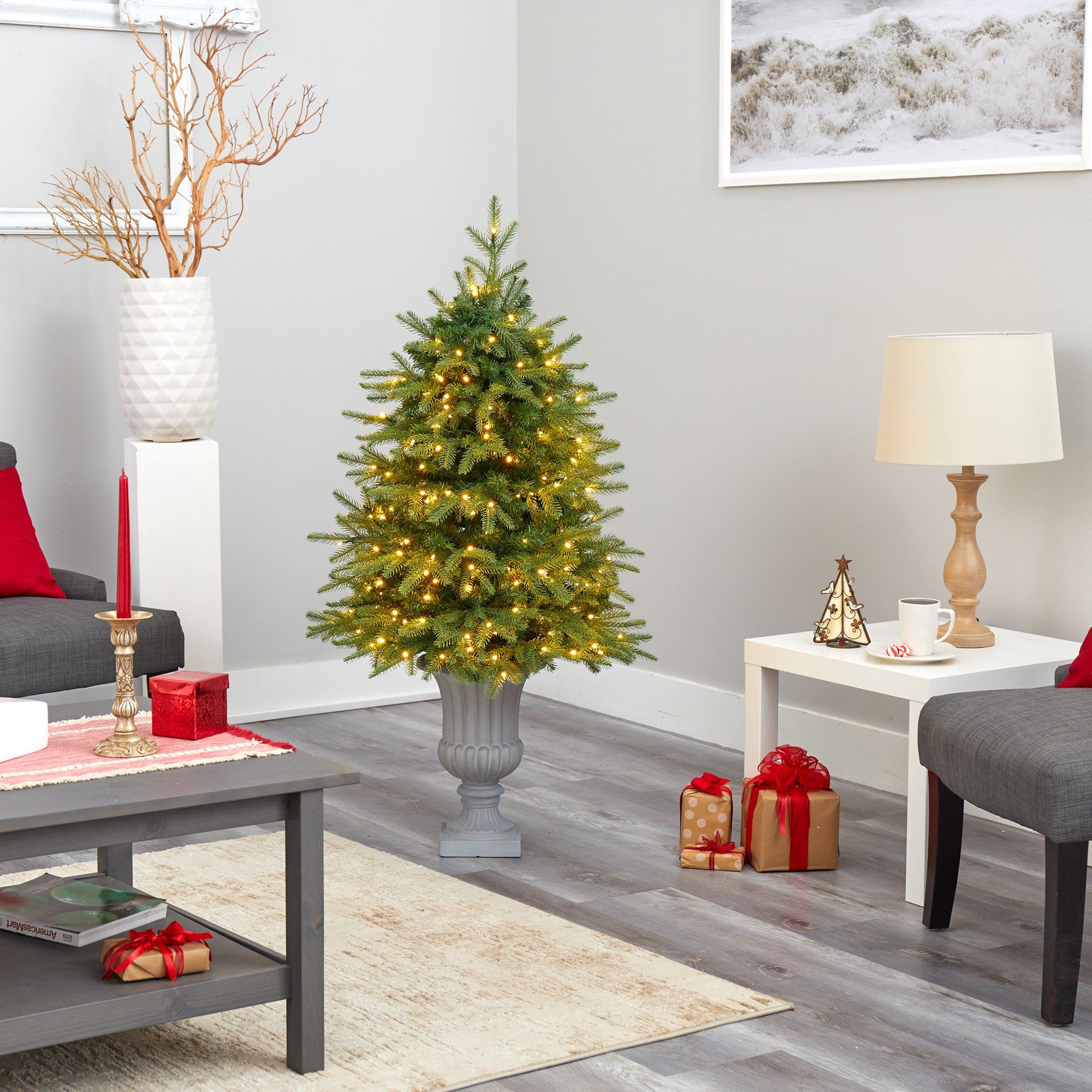 4.5’ Vancouver Fir “Natural Look” Artificial Christmas Tree with 250 Clear LED Lights and 814 Bendable Branches in Decorative Planter - Image 8