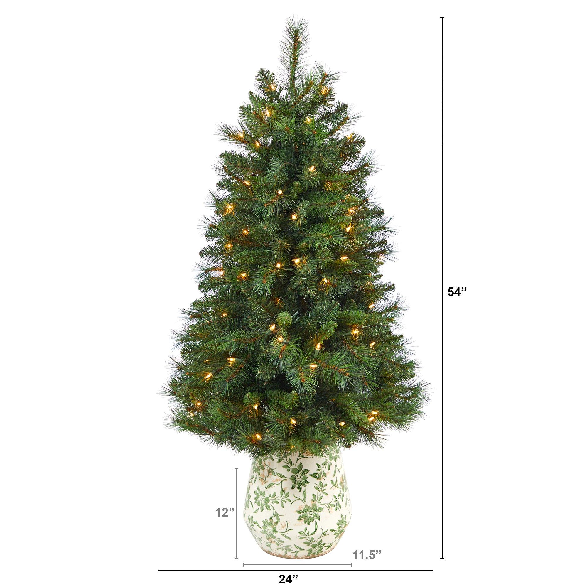 4.5’ West Virginia Mountain Pine Artificial Christmas Tree with 100 Clear Lights and 322 Bendable Branches in Floral Print Planter - Image 2