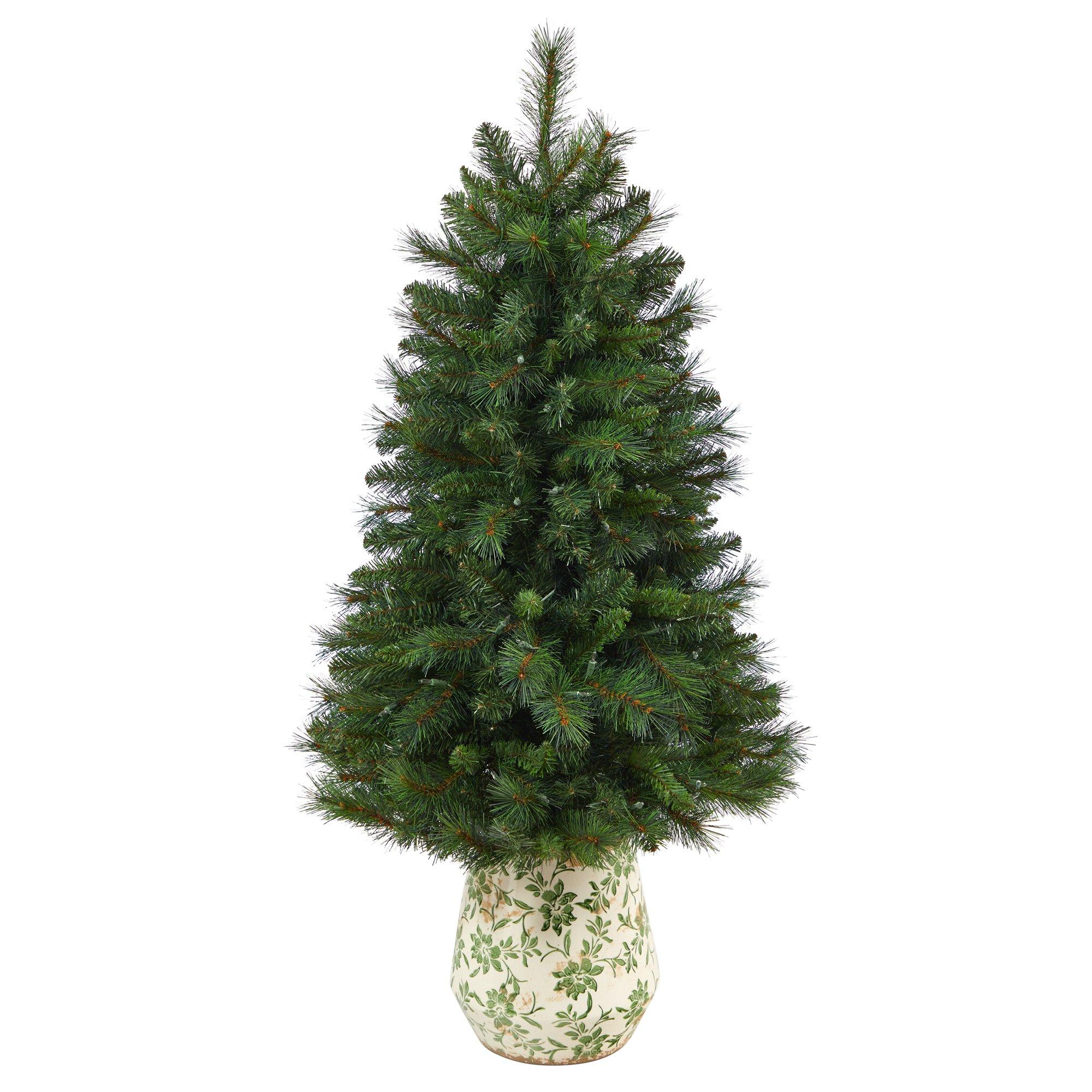 4.5’ West Virginia Mountain Pine Artificial Christmas Tree with 100 Clear Lights and 322 Bendable Branches in Floral Print Planter - Image 3