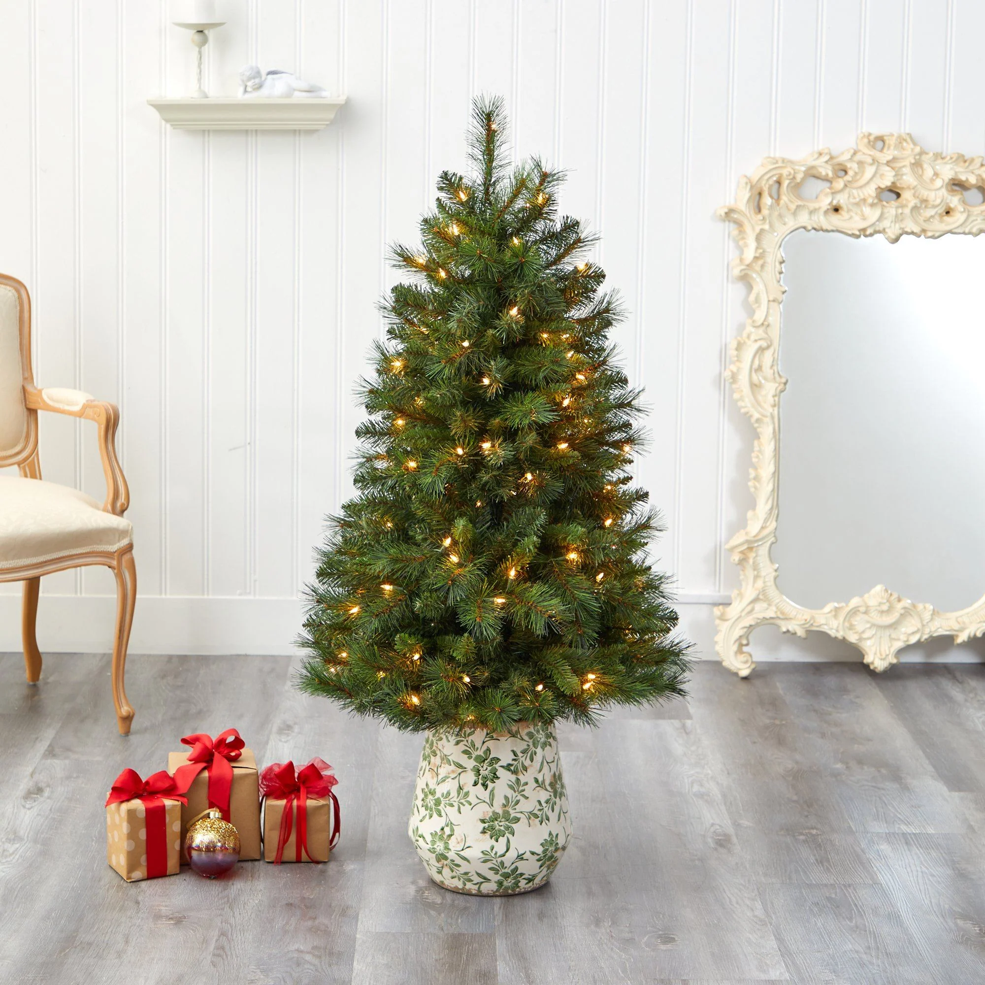 4.5’ West Virginia Mountain Pine Artificial Christmas Tree with 100 Clear Lights and 322 Bendable Branches in Floral Print Planter - Image 7