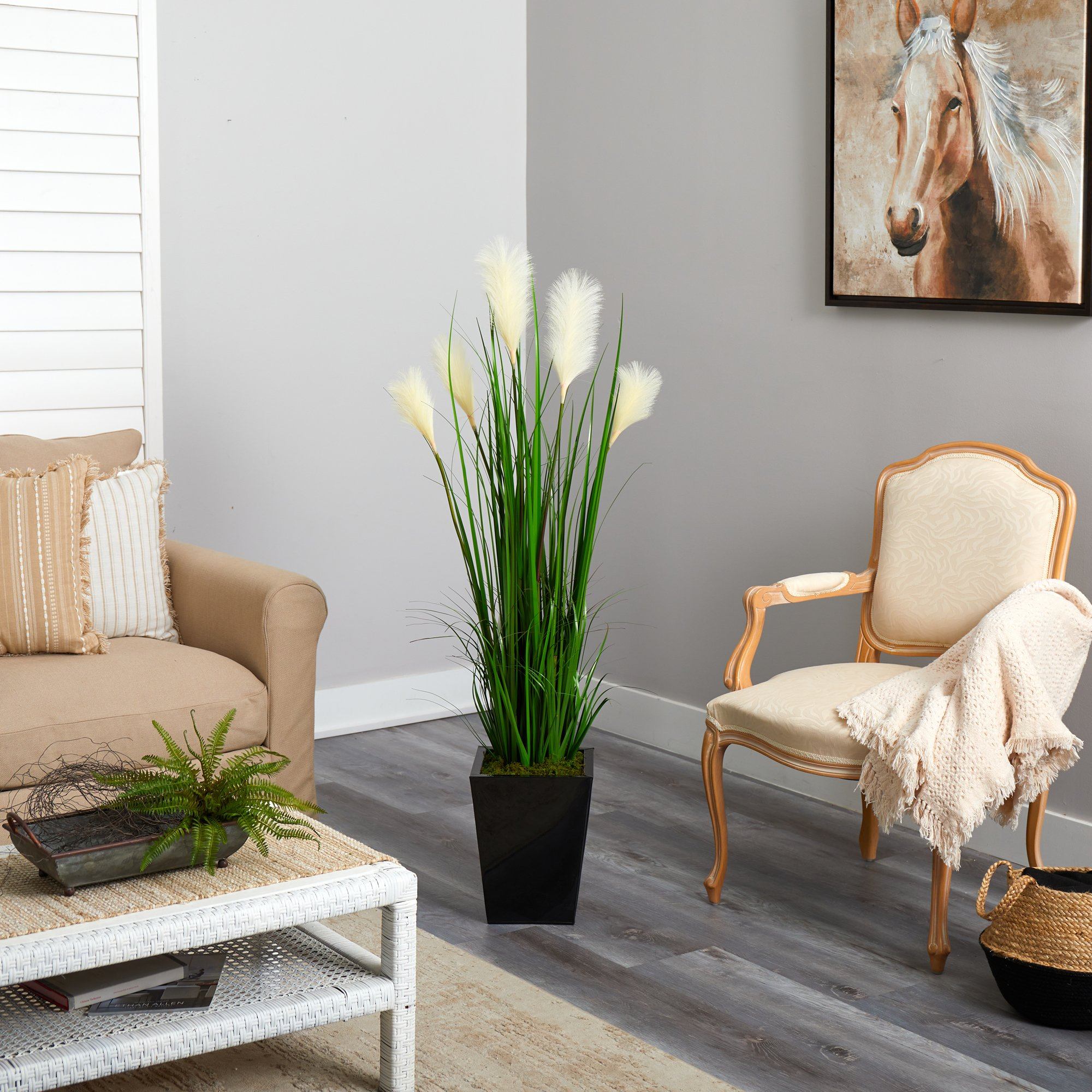 4.5’ Wheat Plum Grass Artificial Plant in Black Metal Planter - Image 4