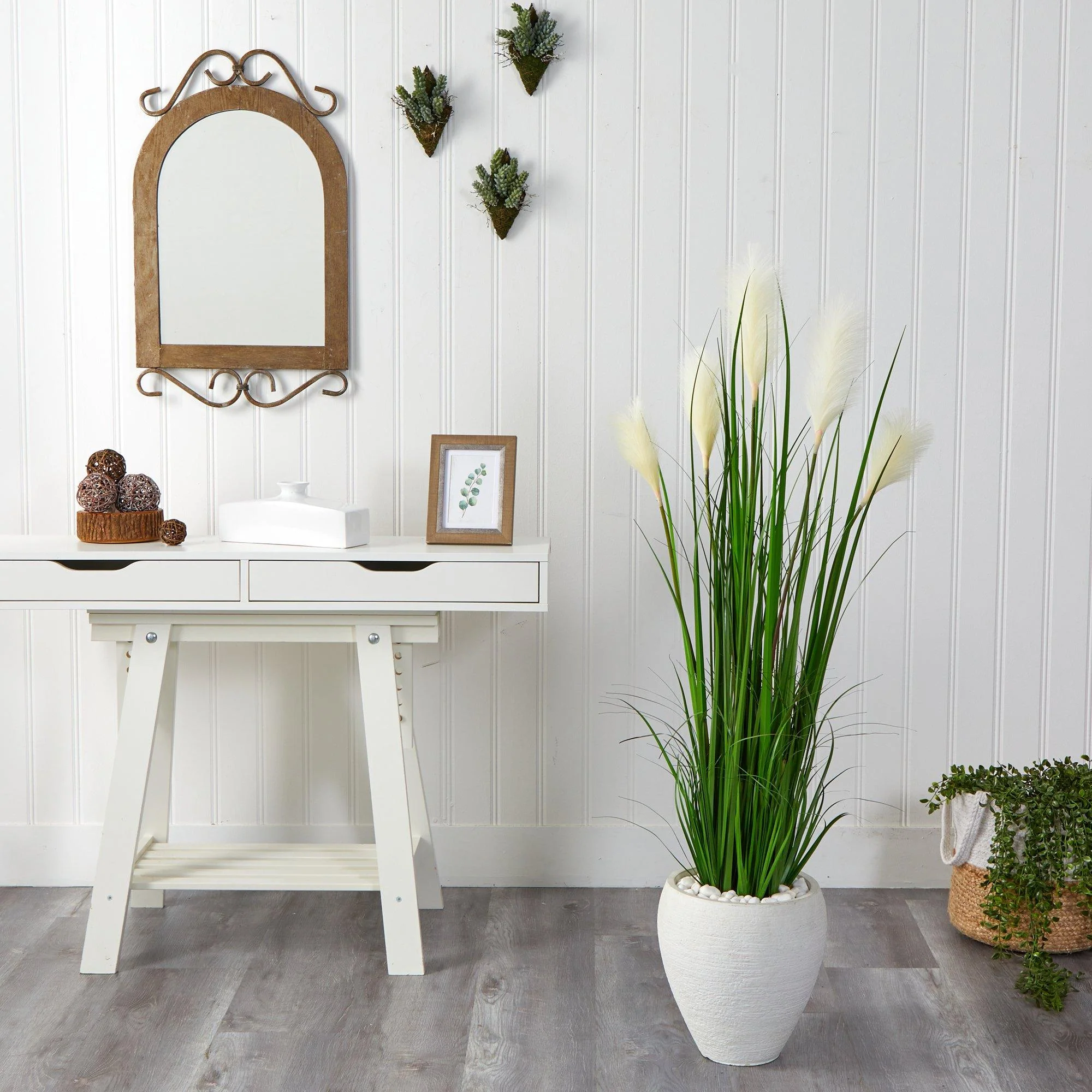 4.5’ Wheat Plum Grass Artificial Plant in White Planter - Image 2