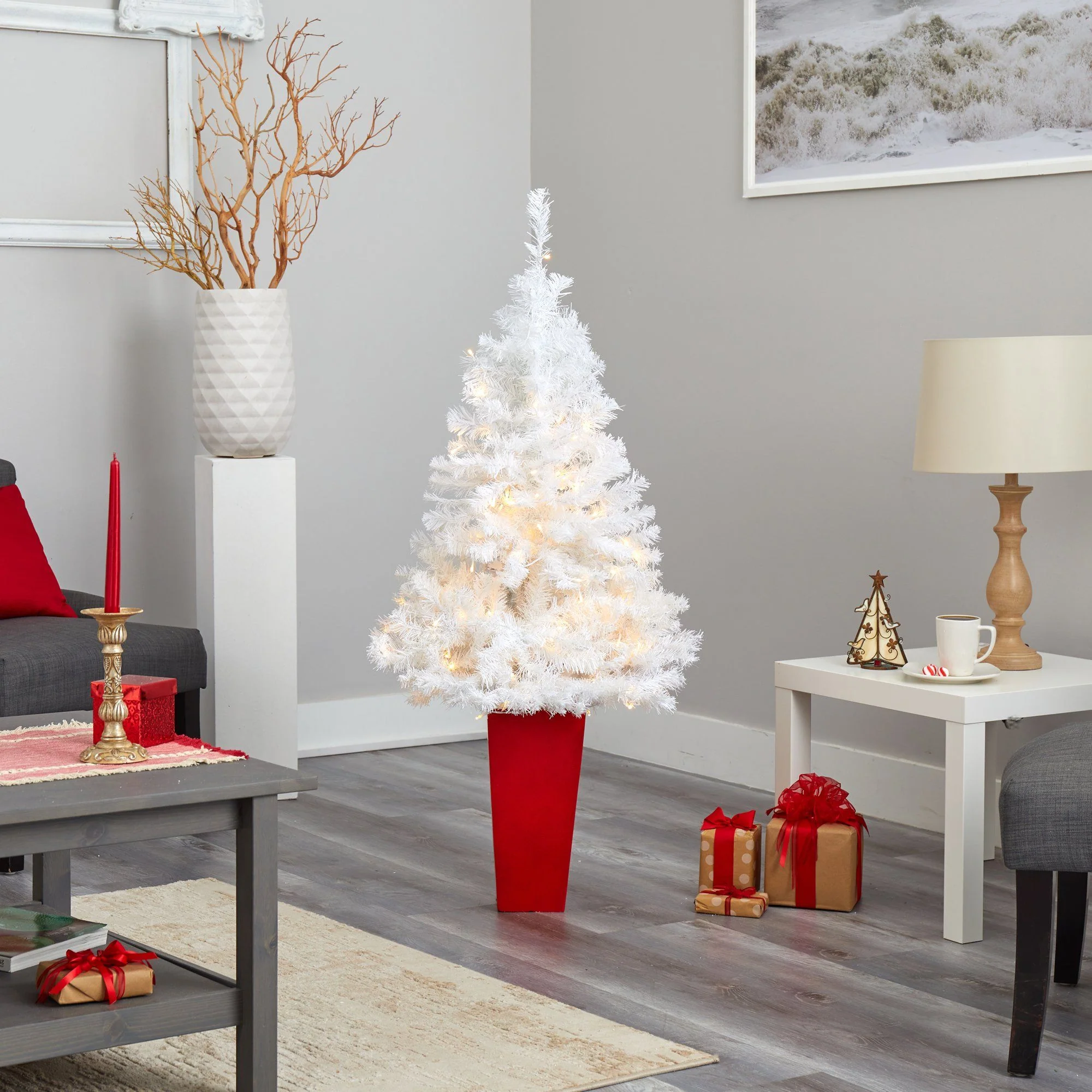 4.5' White Artificial Christmas Tree with 100 Clear LED Lights in Red Planter - Image 8