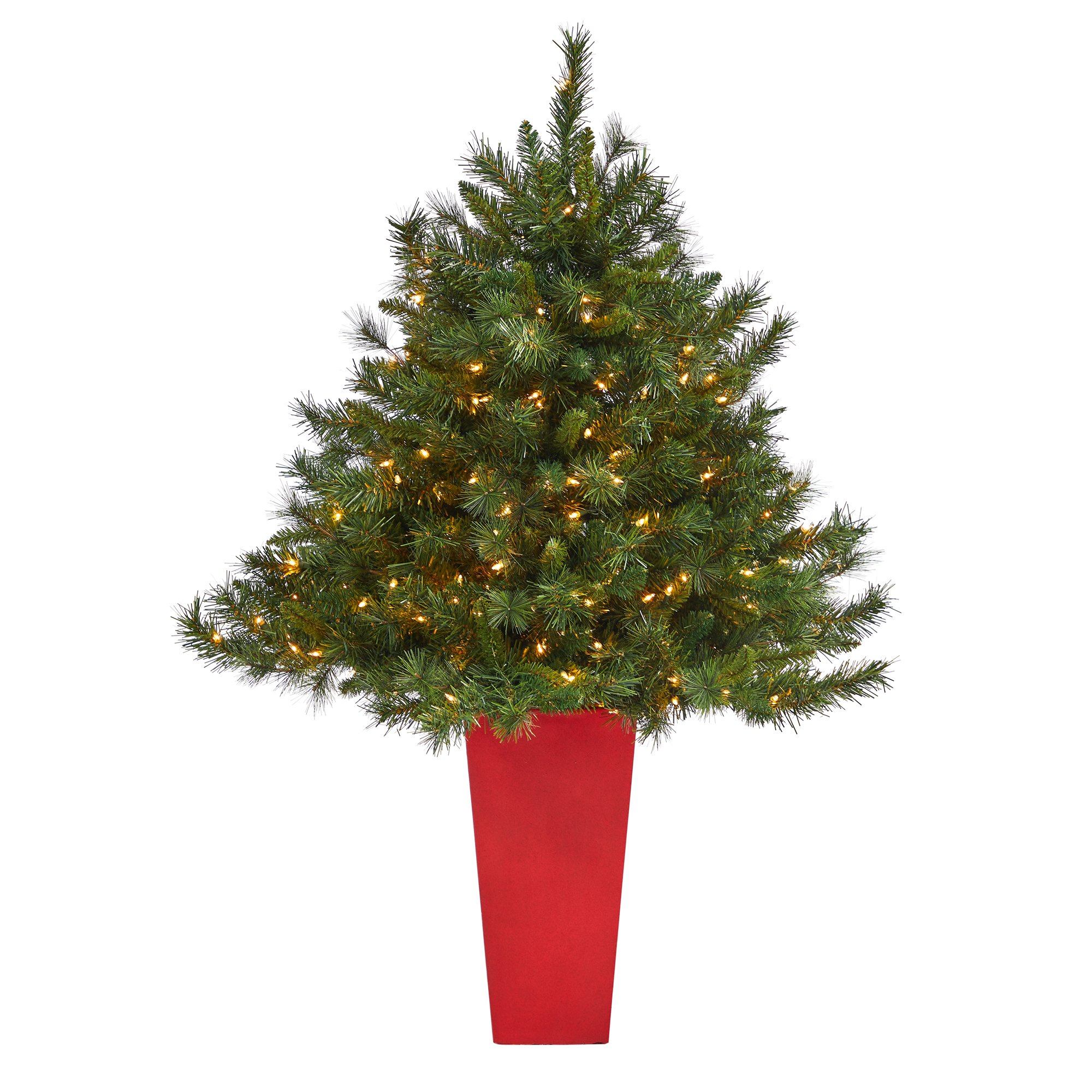 4.5’ Wyoming Mixed Pine Artificial Christmas Tree with 250 Clear Lights and 462 Bendable Branches in Red Tower Planter - Image 5