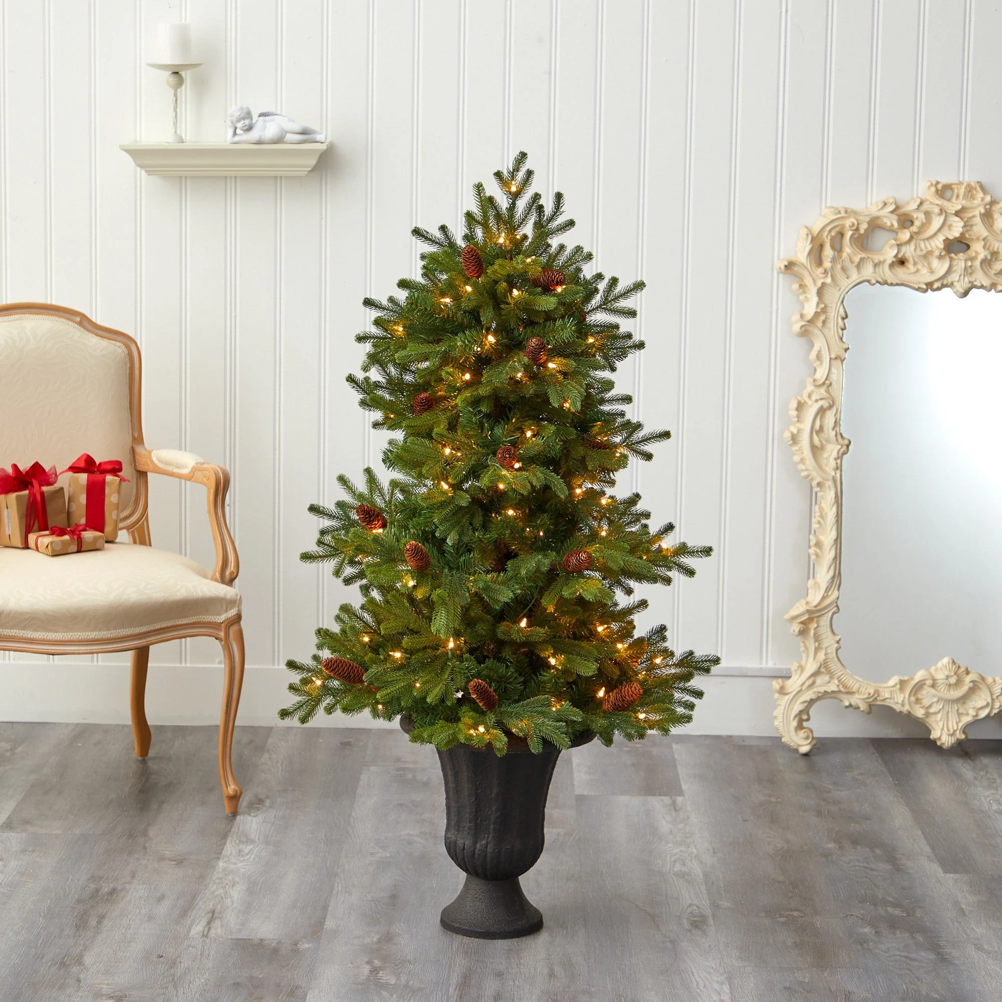4.5’ Yukon Mountain Fir Artificial Christmas Tree with 100 Clear Lights, Pine Cones and 386 Bendable Branches in Charcoal Planter - Image 7