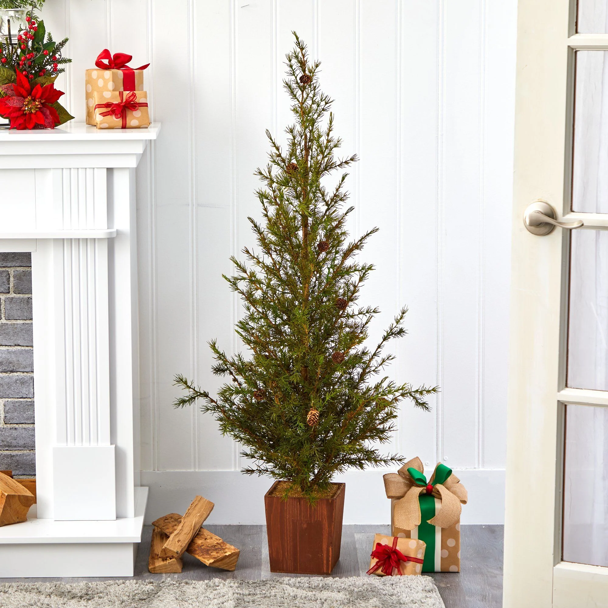 4’ Alpine “Natural Look” Artificial Christmas Tree in Wood Planter with Pine Cones - Image 3