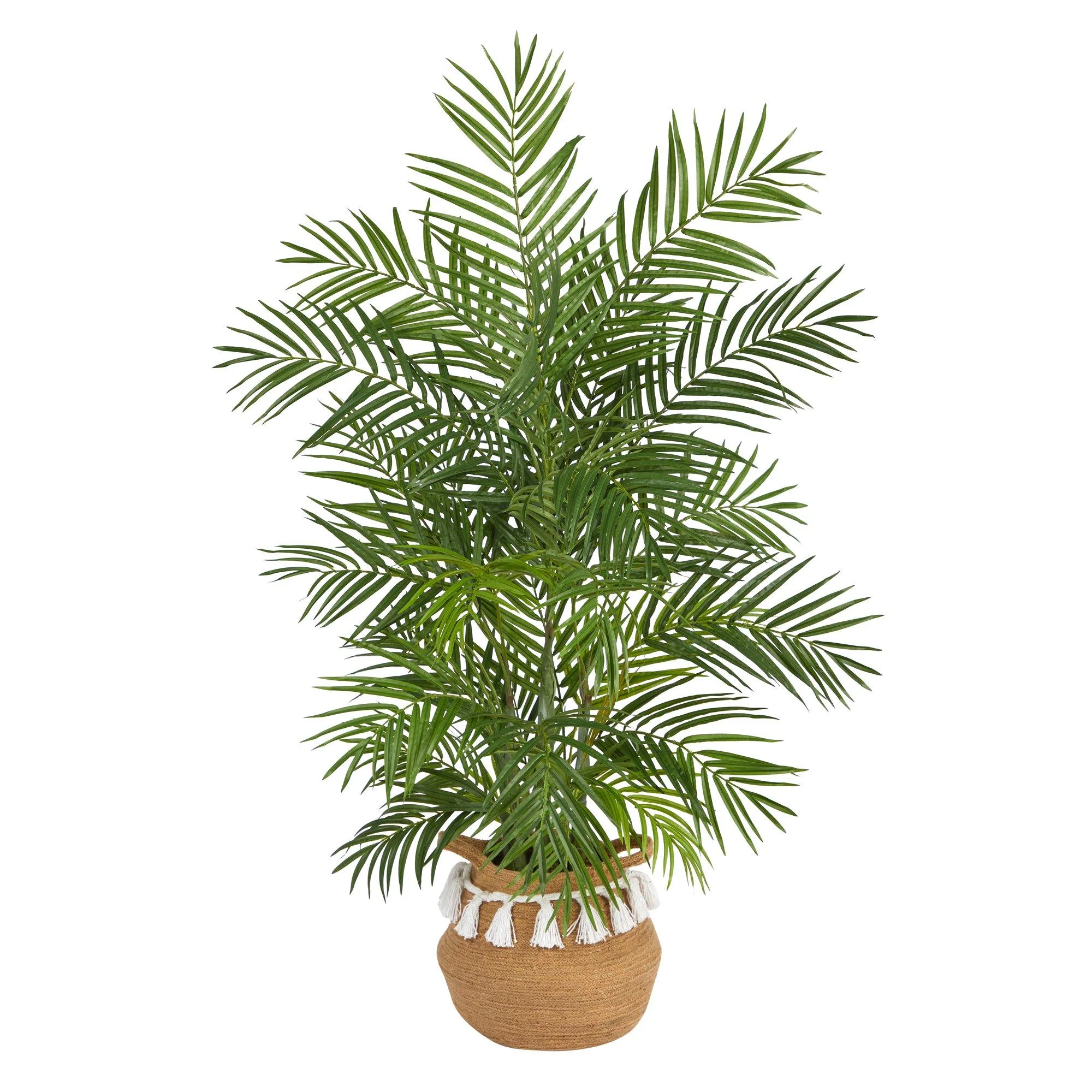4' Areca Artificial Palm in Boho Chic Handmade Natural Cotton Woven Planter with Tassels - Image 2