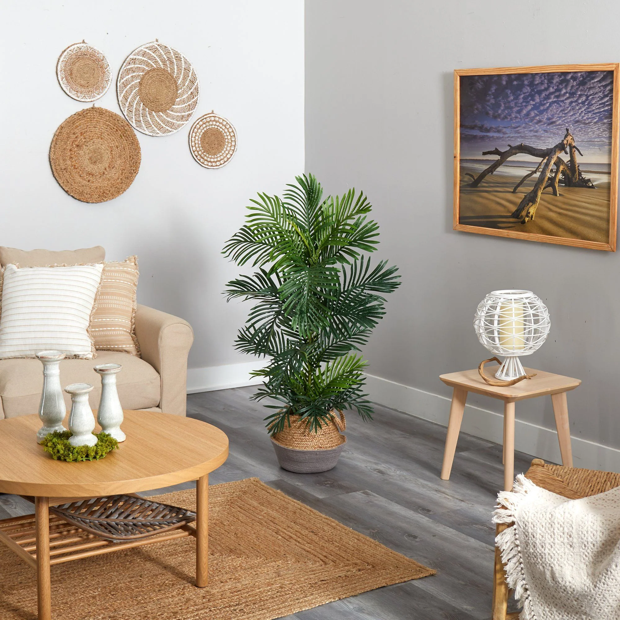 4’ Areca Palm Tree in Boho Chic Handmade Cotton & Jute Gray Woven Planter UV Resistant - Image 4