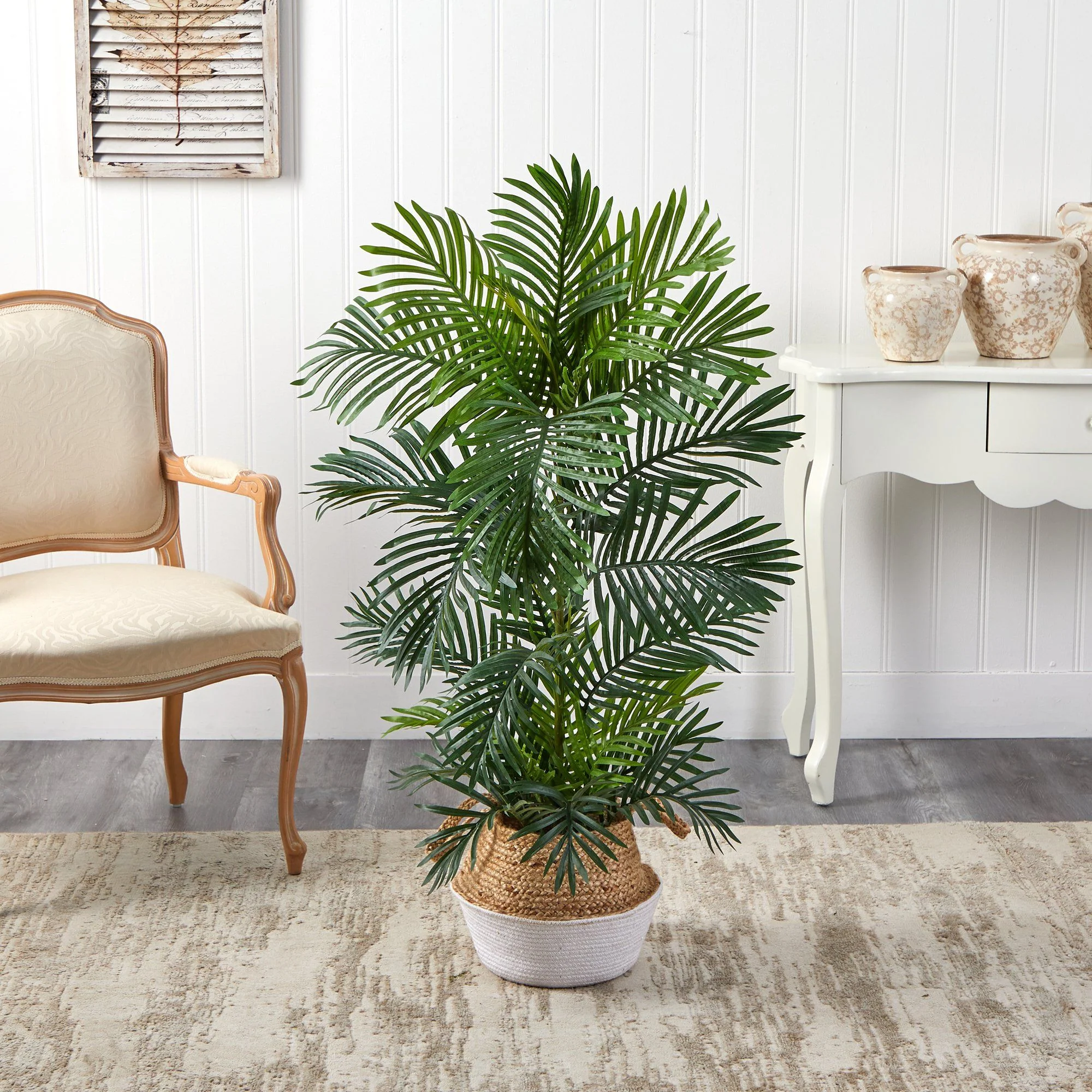 4’ Areca Palm Tree in Boho Chic Handmade Cotton & Jute White Woven Planter UV Resistant - Image 3