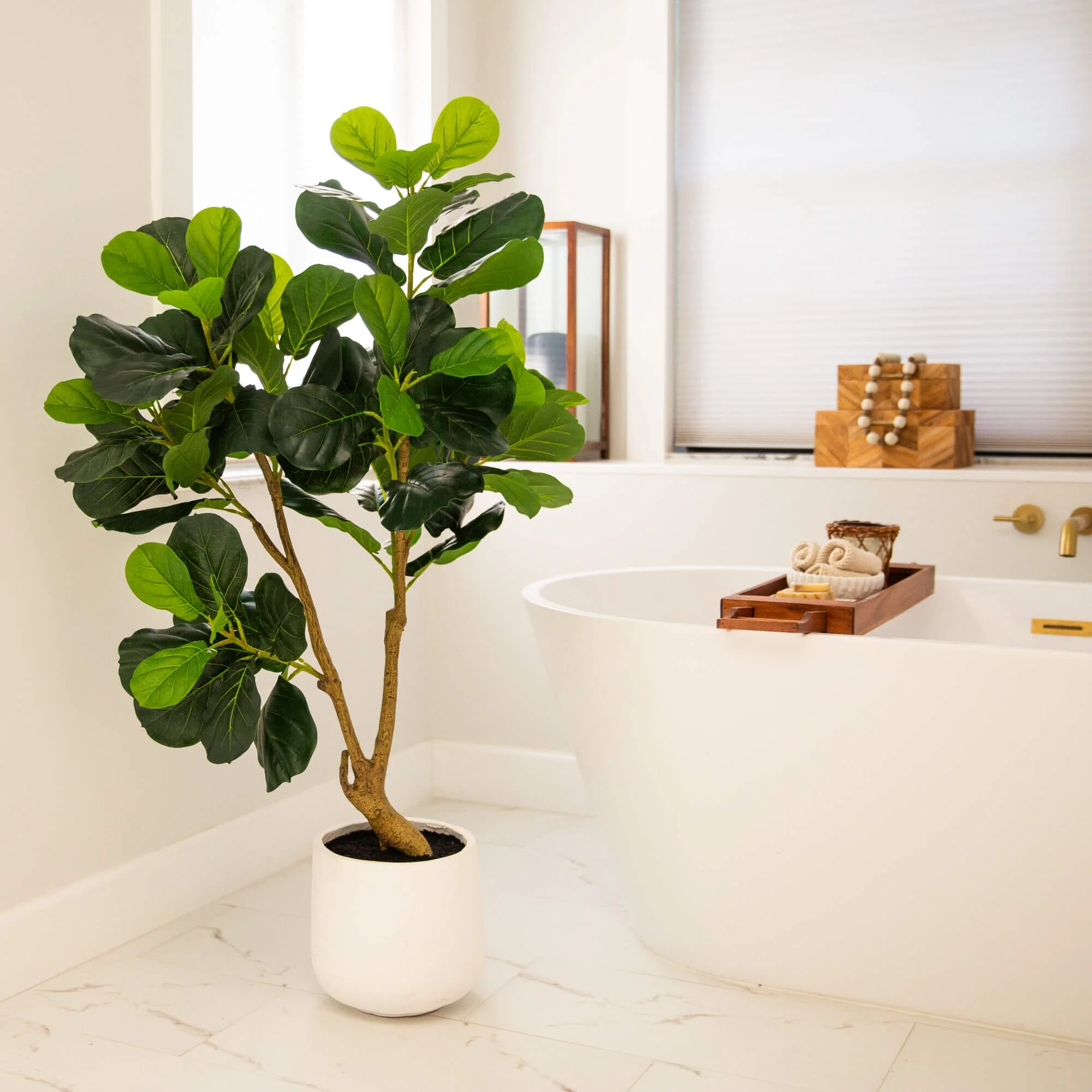 4' Artificial Lush Fiddle Leaf Tree in Decorative White Planter - Image 3