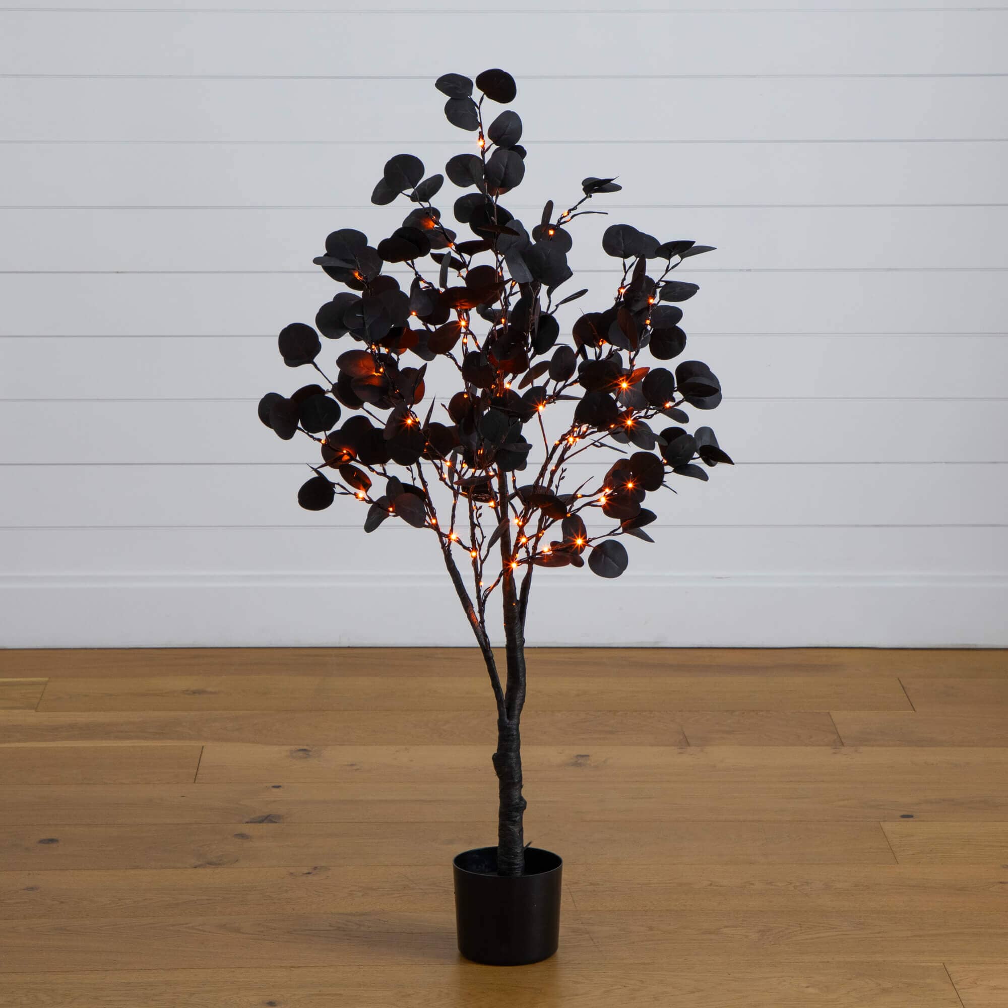 4' Pre-Lit Artificial Halloween Black Eucalyptus Tree with 160 Orange & Purple LED Lights - Image 3