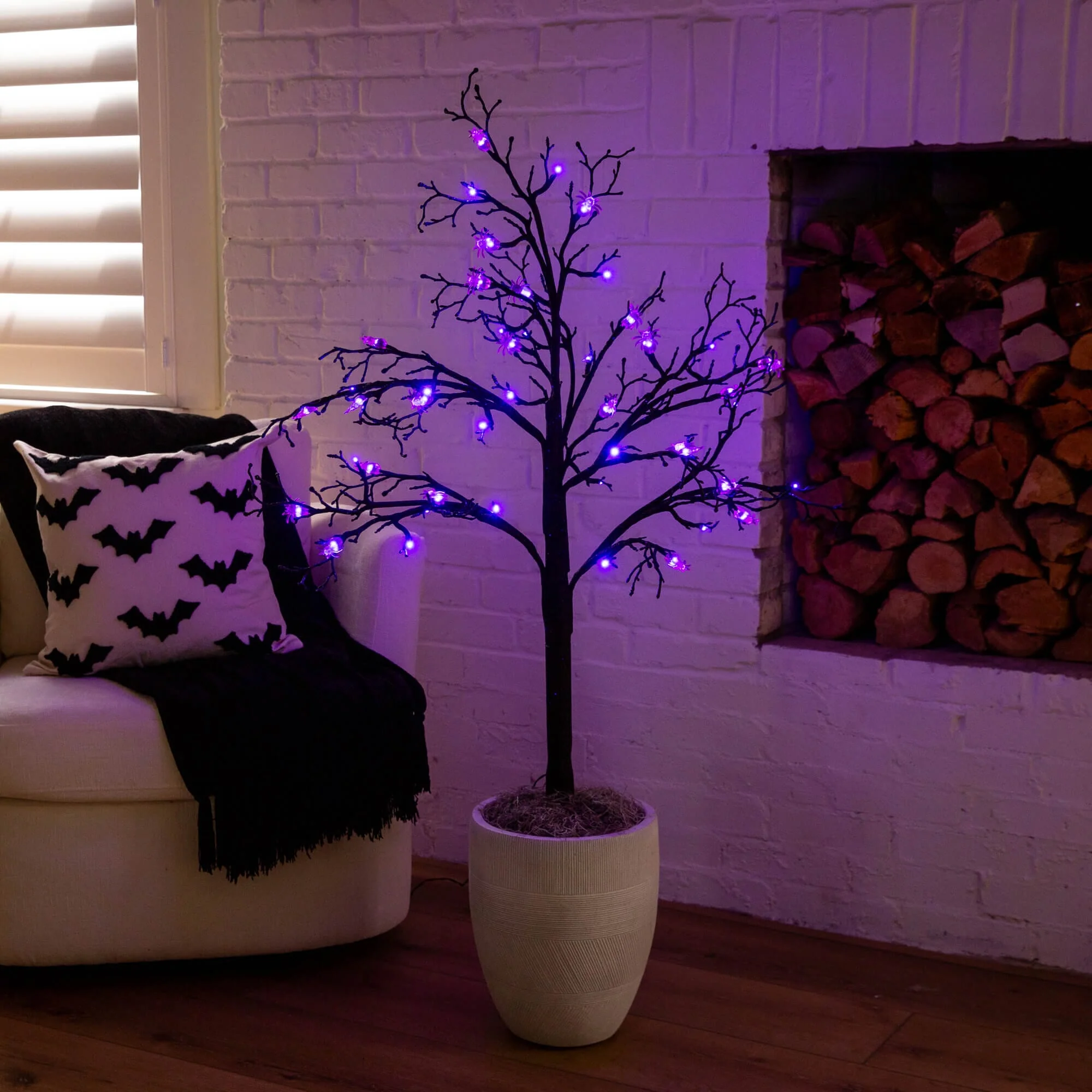 4' Pre-Lit Artificial Halloween Spider Twig Tree with 48 Purple LED Lights - Image 3