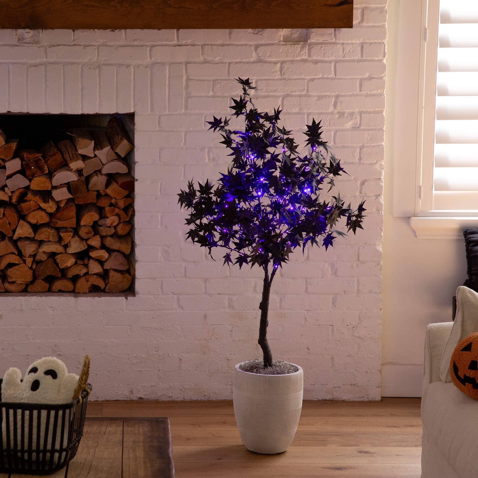 4' Pre-Lit Artificial Halloween Black Maple Tree with 180 Orange & Purple LED Lights - Image 3