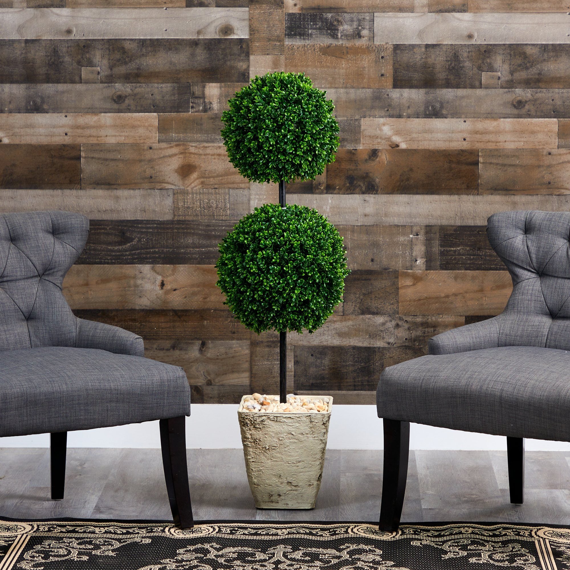 4’ Boxwood Double Ball Artificial Topiary Tree in Country White Planter (Indoor/Outdoor) - Image 3