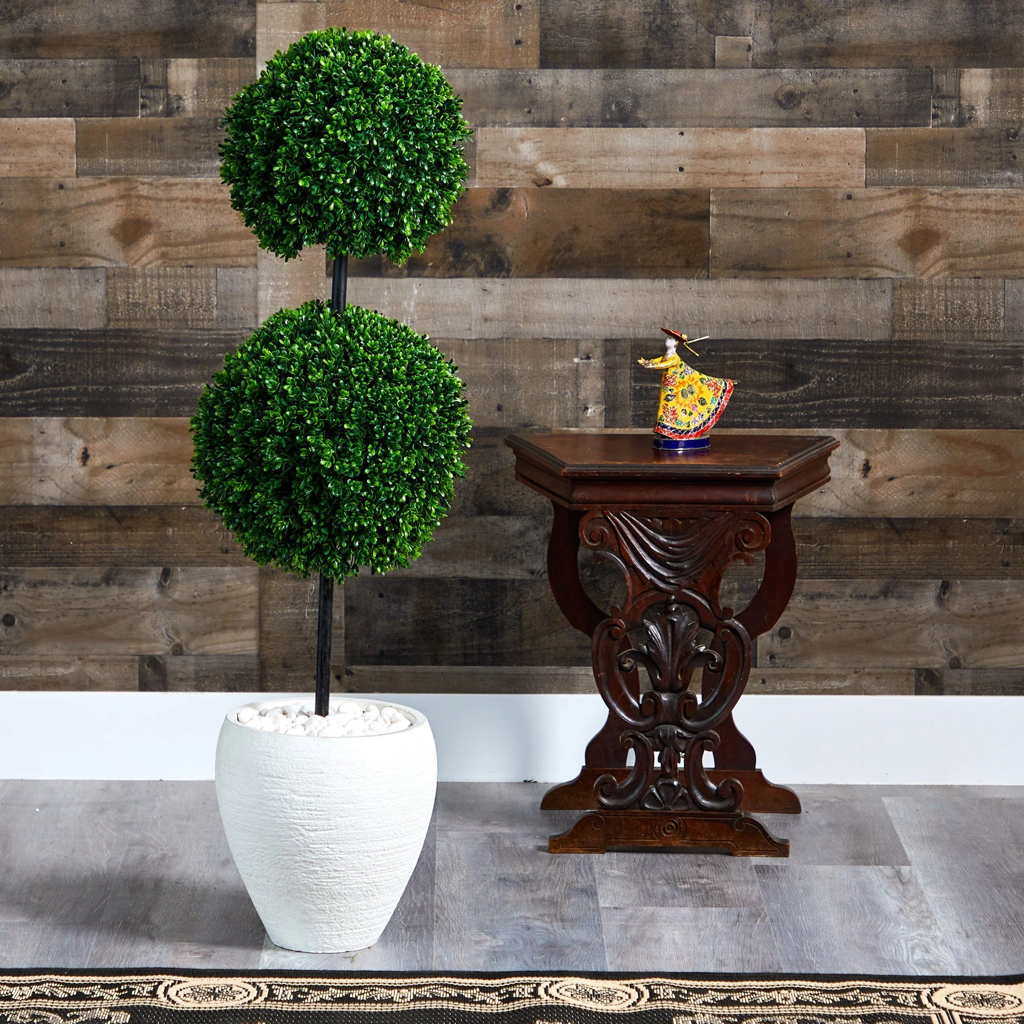 4’ Boxwood Double Ball Artificial Topiary Tree in White Planter  (Indoor/Outdoor) - Image 3