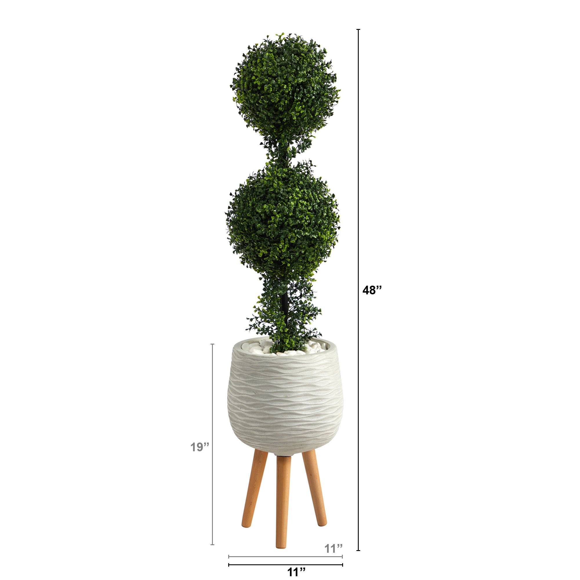 4’ Boxwood Double Ball Topiary Artificial Tree in White Planter with Stand (Indoor/Outdoor) - Image 2