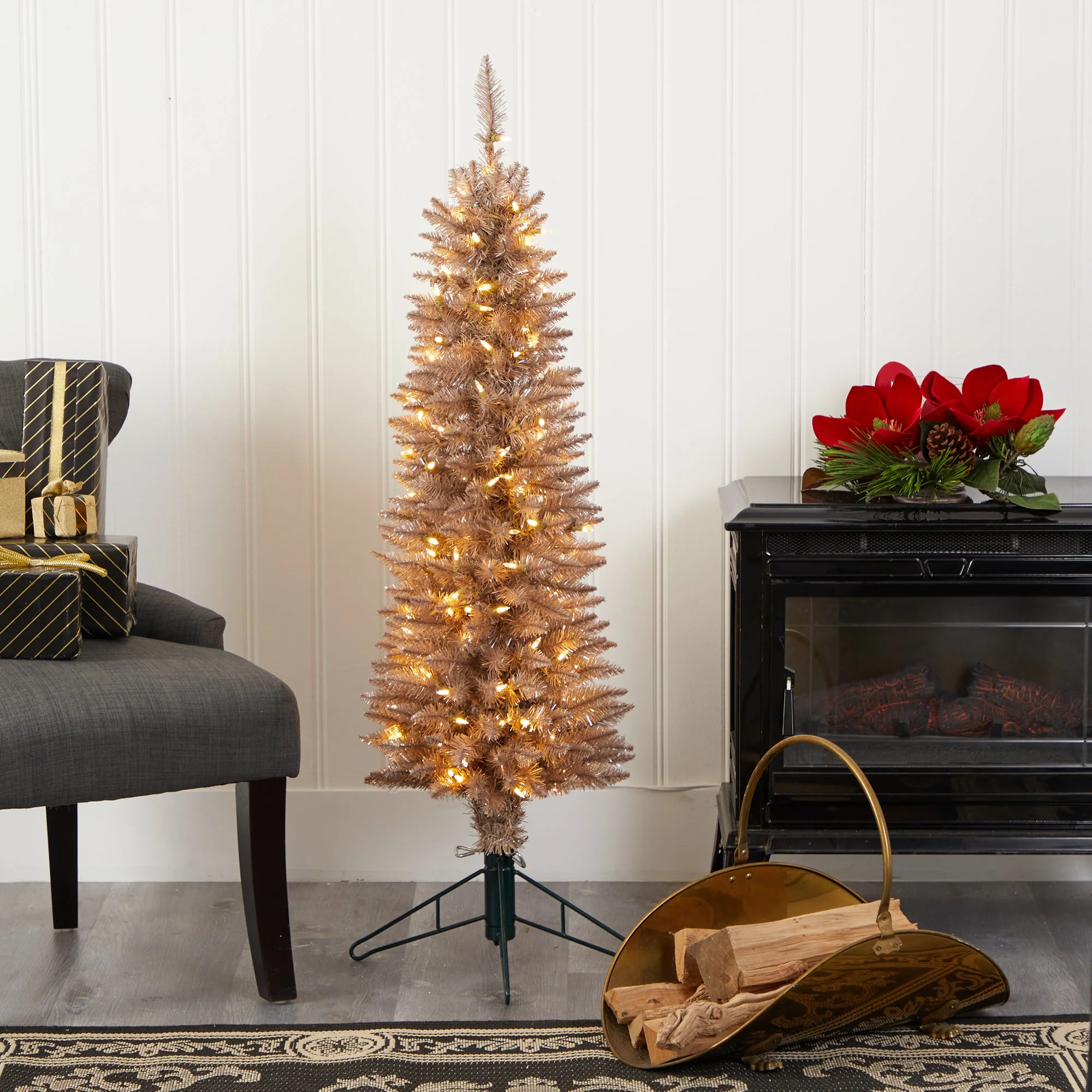 4’ Champagne Pencil Artificial Christmas Tree with 150 (multifunction) Clear LED Lights - Image 6
