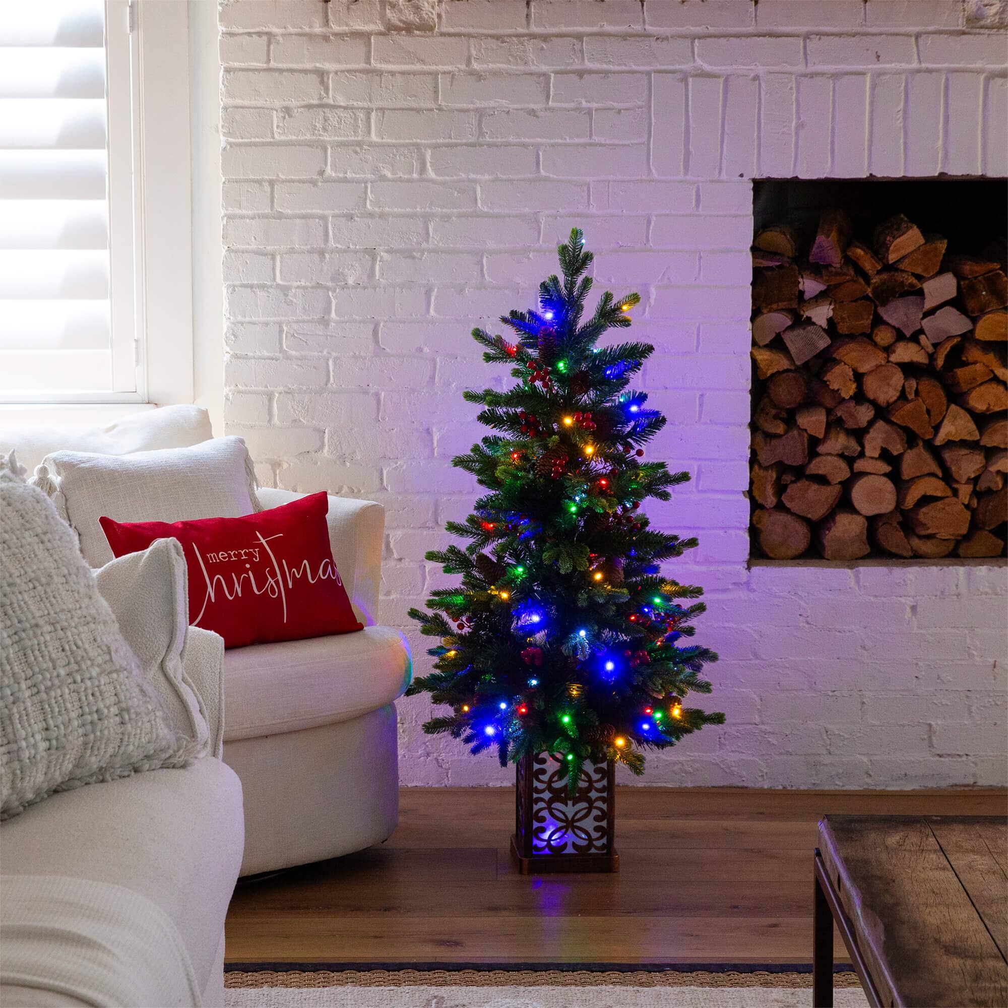4' Pre-Lit Artificial Christmas Tree with Pinecones, Berries and 100 Multicolored LED Lights in Decorative Planter - Image 3